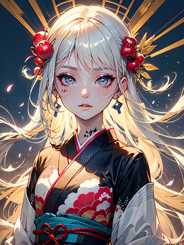 (best quality,masterpiece:1.2,intricate details:1.2),beautiful face,ukiyoe,1girl,a girl in patterned kimono,look at viewer:1.3,face tattoo:1.2,small oni horn,detailed hair,flowing brushstrokes,traditional Japanese art, vibrant colors, golden obi, delicate cherry blossoms, serene expression, traditional makeup, peaceful background, soft lighting