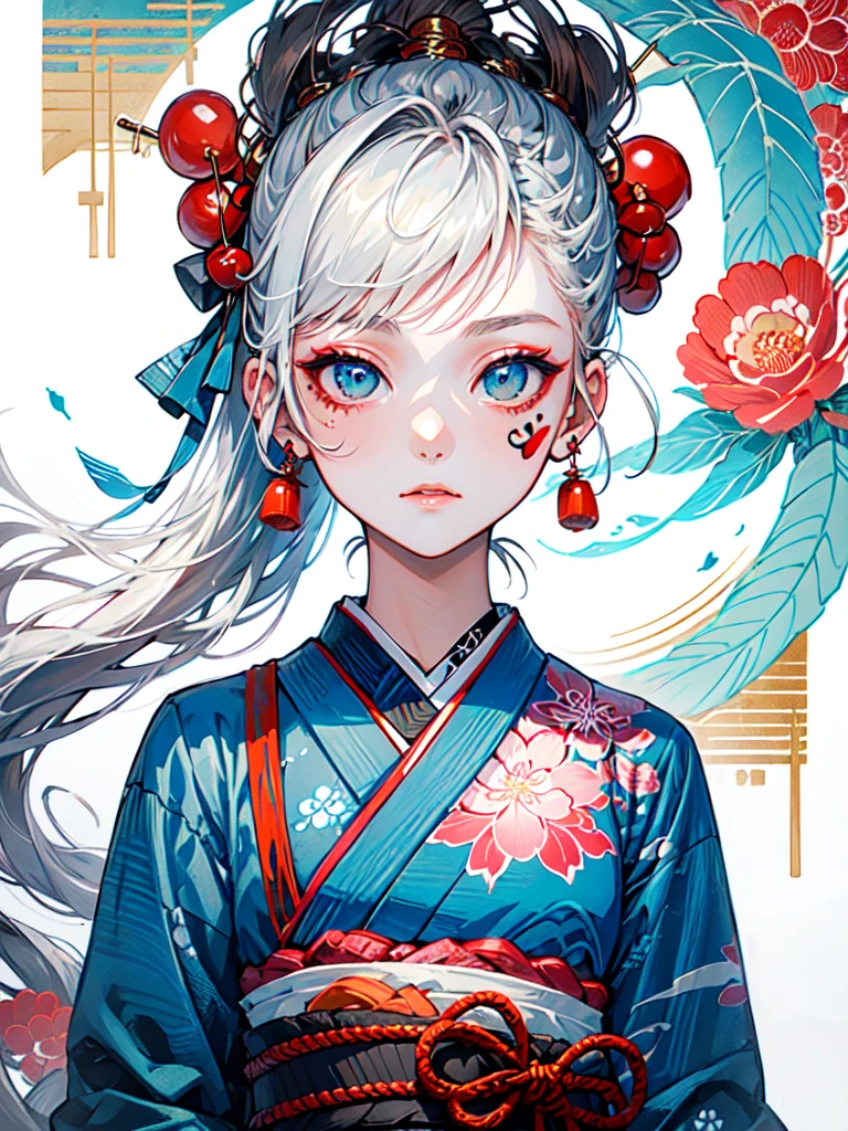 (best quality,masterpiece:1.2,intricate details:1.2),beautiful face,ukiyoe,1girl,a girl in patterned kimono,look at viewer:1.3,face tattoo:1.2,small oni horn,detailed hair,flowing brushstrokes,traditional Japanese art, vibrant colors, golden obi, delicate cherry blossoms, serene expression, traditional makeup, peaceful background, soft lighting