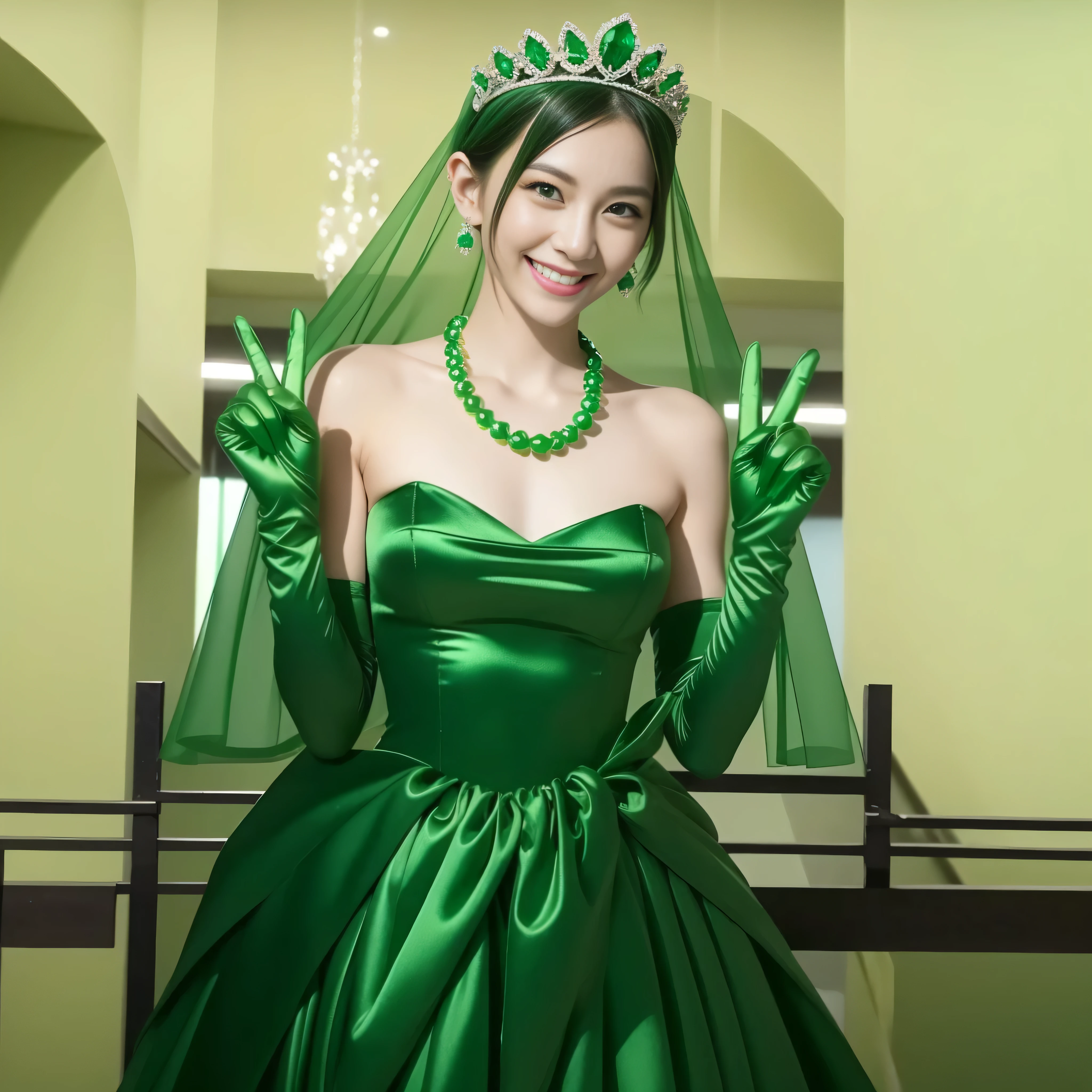 Emerald tiara, Green Pearl Necklace, Boyish very short green hair, lipstick, Smiling Japanese woman, Very short hair, Big beautiful, Green Eyes, Long green satin gloves, Green Eyes, v sign, Emerald Earrings, Green Veil