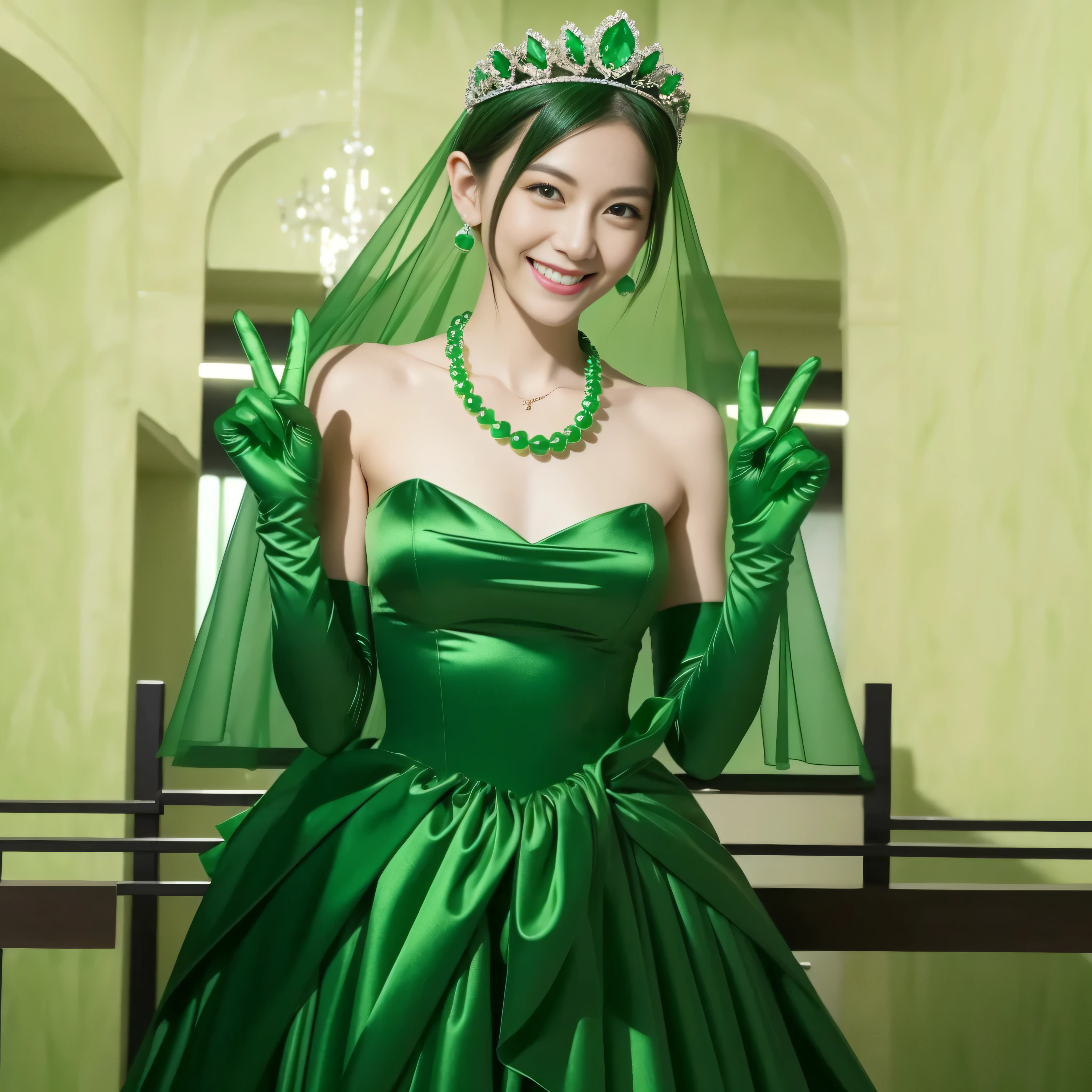 Emerald tiara, Green Pearl Necklace, Boyish very short green hair, lipstick, Smiling Japanese woman, Very short hair, Big beautiful, Green Eyes, Long green satin gloves, Green Eyes, v sign, Emerald Earrings, Green Veil