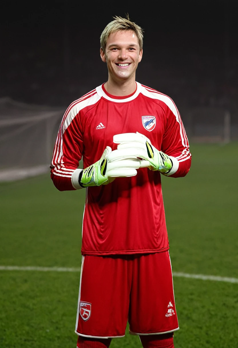 1man, football player, red dress, jersey 05,
as goalkeeper, white gloves, smile, short hair brown, standard