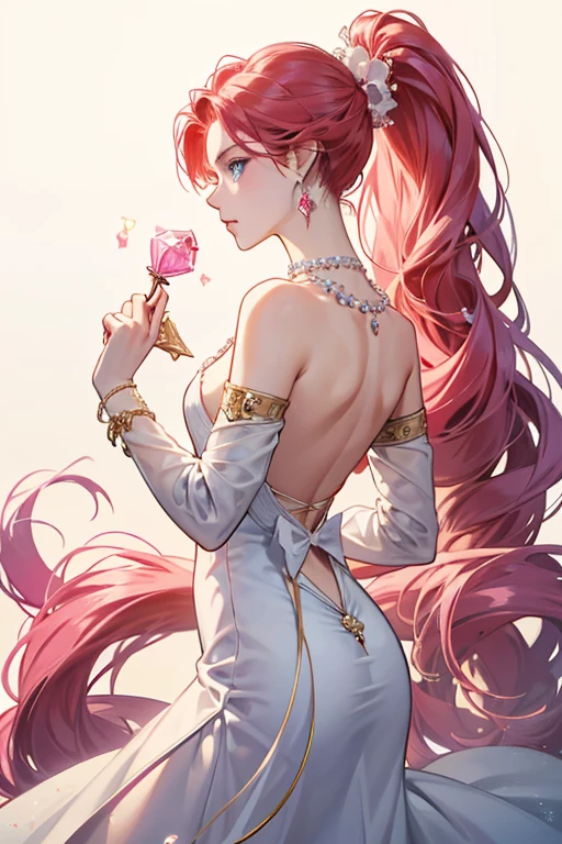 She is tall, has white skin, and blue eyes. wears a red long backless dress with pink long sleeves. Her hair is a red color, it is thick and very wavy, and tied into a low ponytail. She accessorizes with pink pearl earrings and what appears to be a briollette diamond jewel necklace, held by a simple string. This jewel is also the key to her Modelizer. And due to the injury she sustained during her last modeling shot, she has a metal leg.

She also carries a yellow cane with a jewel design at the top. SPARKLE; GLITTER