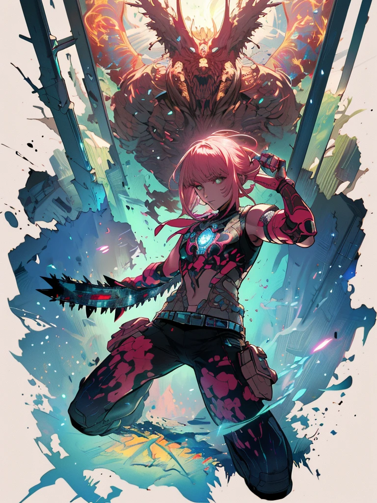 gwenpool, ((assassin style)),((Doragon)),water world,Colosseum,saibe,tattoo,no clothes,Savage,small bust,robot hand,Shoulder-length messy hair, no clothes,Detailed beautiful face,Delicate and beautiful eyes,shield,happy, mail, Super fine skin,Beautiful slim style anime girl, Super detailed painting, Luminism, Concept art by Carne Griffiths and Wadim Kashin, 4K resolution, Fractal isometric detail bioluminescence , 3D rendering, octane rendering, complexly detailed , ish, Trending isometric center hyperrealistic cover photo awesome full color on artstation, Hand Painted , Gritty, Realistic Mucha , complex, Hit definition , ish,rough sketch, Thick lines, on the paper, (saiber punk:1.4), frills,lace,frills,lace,frills,lace
BREAK
((Cool oversized chainsaw in hand)), ((Super large cool weapon machine)),open stance, Action pose,
White background,simple background,Wide-angle lens