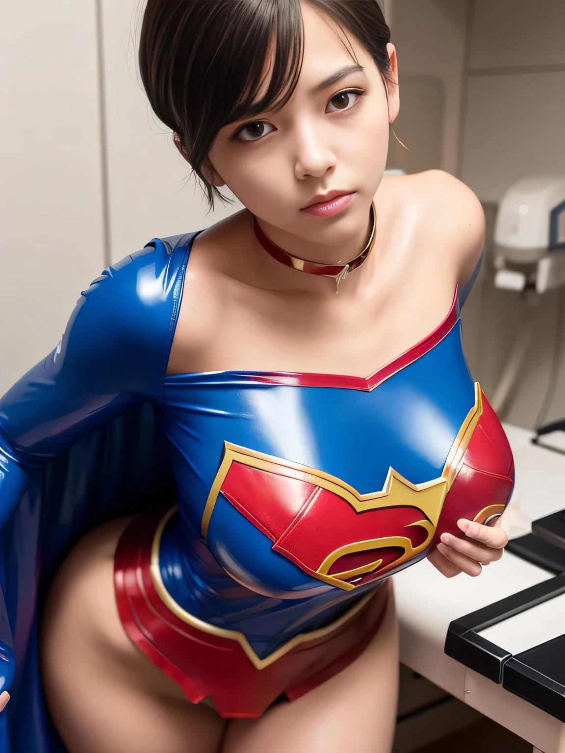 masterpiece、Enamel Supergirl Costume、Short Hair、Hospital operating table、Crisis situation、Big and ample breasts、looking at the camera、Shiny、Off the shoulder、choker、Long sleeve、Red exy poses to seduce、Sweaty、Model Body Type、Alluring、charm、Enchanting、Abused、test subject、victim、Wild、Photorealistic、latex、