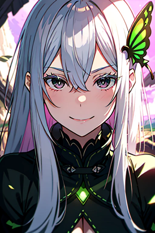 ((highest quality)),High resolution,Sharp focus,(Super detailed,Very detailed),
(Very detailed CG unity 8k wallpaper),(((Vibrant colors))),Anime Style,
Natural skin texture 鮮明な詳細, (Realistic eyes, Natural skin texture, Realistic facial details),
1 girl, Beautiful and elaborate face, Perfect Eyes,((Silver Hair)),Long Hair,Echidna, Deep purple eyes, 
Butterfly Hair Ornament, (Colored eyelashes:1.1), eye shadow,
Red pink lips,The colors of another world, Surreal Landscape, 
Arrogant look, 横暴なsmile,Big and ample breasts, 

(Flying debris, 超High resolution),(((Black and Green Theme))),Wear an iridescent aura,
Invisible Light, Amazing shine, Neon green glow, 
Bright colors, Ghostly Effects,Surreal Landscape,邪悪なsmile,
smile,The corners of the mouth turn up,wearing slingshot swimsuit,