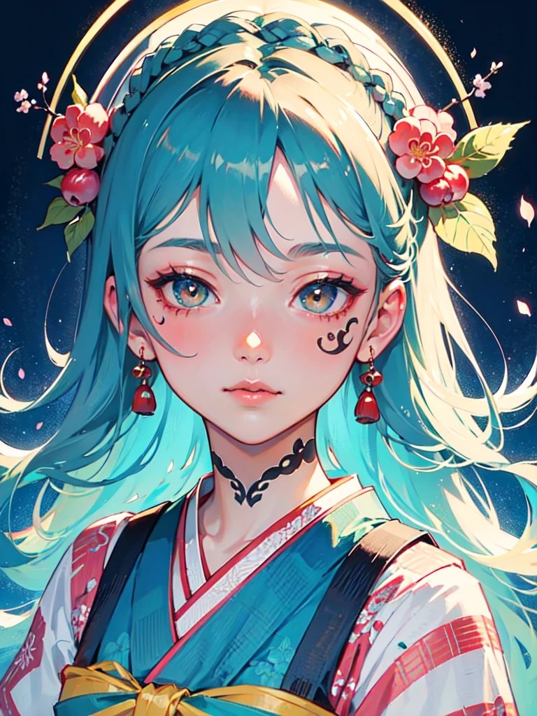 (best quality,masterpiece:1.2,intricate details:1.2),beautiful face,ukiyoe,1girl,a girl in patterned kimono,look at viewer:1.3,face tattoo:1.2,small oni horn,detailed hair,flowing brushstrokes,traditional Japanese art, vibrant colors, golden obi, delicate cherry blossoms, serene expression, traditional makeup, peaceful background, soft lighting