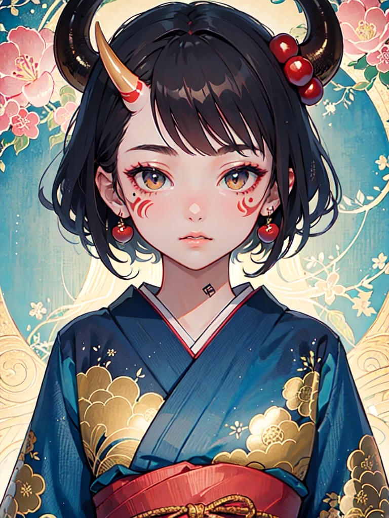 (best quality,masterpiece:1.2,intricate details:1.2),beautiful face,ukiyoe,1girl,a girl in patterned kimono,look at viewer:1.3,face tattoo:1.2,small oni horn,detailed hair,flowing brushstrokes,traditional Japanese art, vibrant colors, golden obi, delicate cherry blossoms, serene expression, traditional makeup, peaceful background, soft lighting
