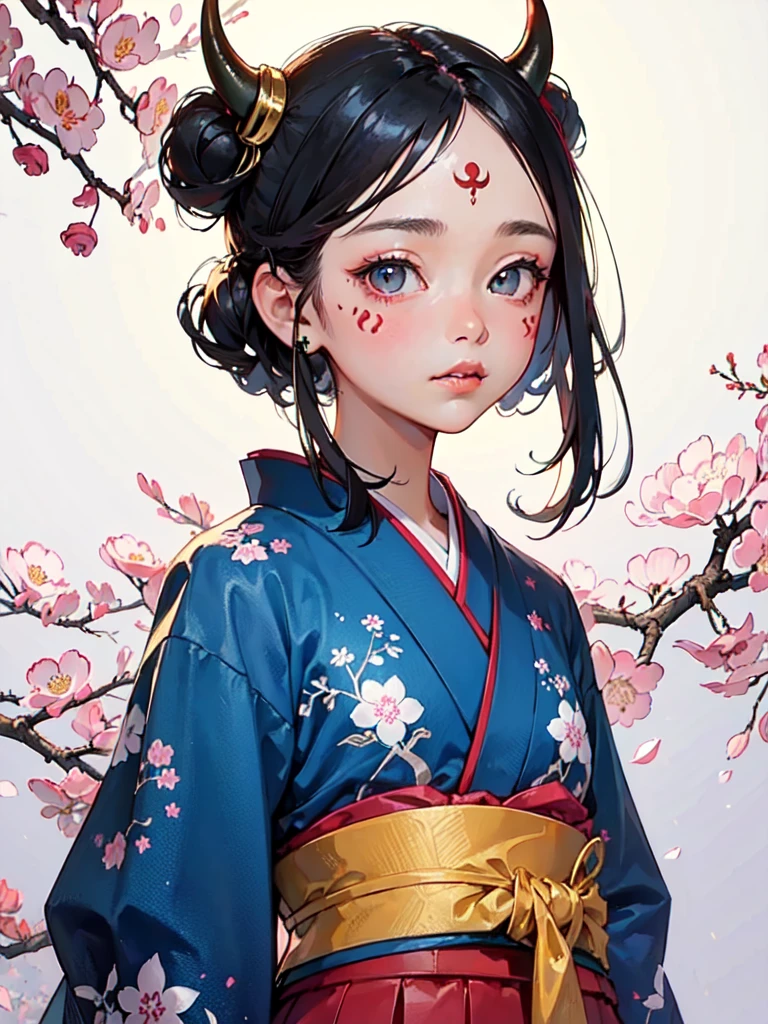 (best quality,masterpiece:1.2,intricate details:1.2),beautiful face,ukiyoe,1girl,a girl in patterned kimono,look at viewer:1.3,face tattoo:1.2,small oni horn,detailed hair,flowing brushstrokes,traditional Japanese art, vibrant colors, golden obi, delicate cherry blossoms, serene expression, traditional makeup, peaceful background, soft lighting