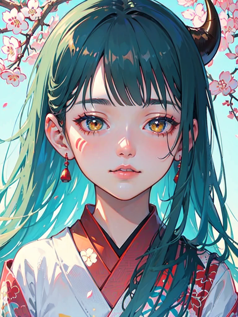 (best quality,masterpiece:1.2,intricate details:1.2),beautiful face,ukiyoe,1girl,a girl in patterned kimono,look at viewer:1.3,face tattoo:1.2,small oni horn,detailed hair,flowing brushstrokes,traditional Japanese art, vibrant colors, golden obi, delicate cherry blossoms, serene expression, traditional makeup, peaceful background, soft lighting