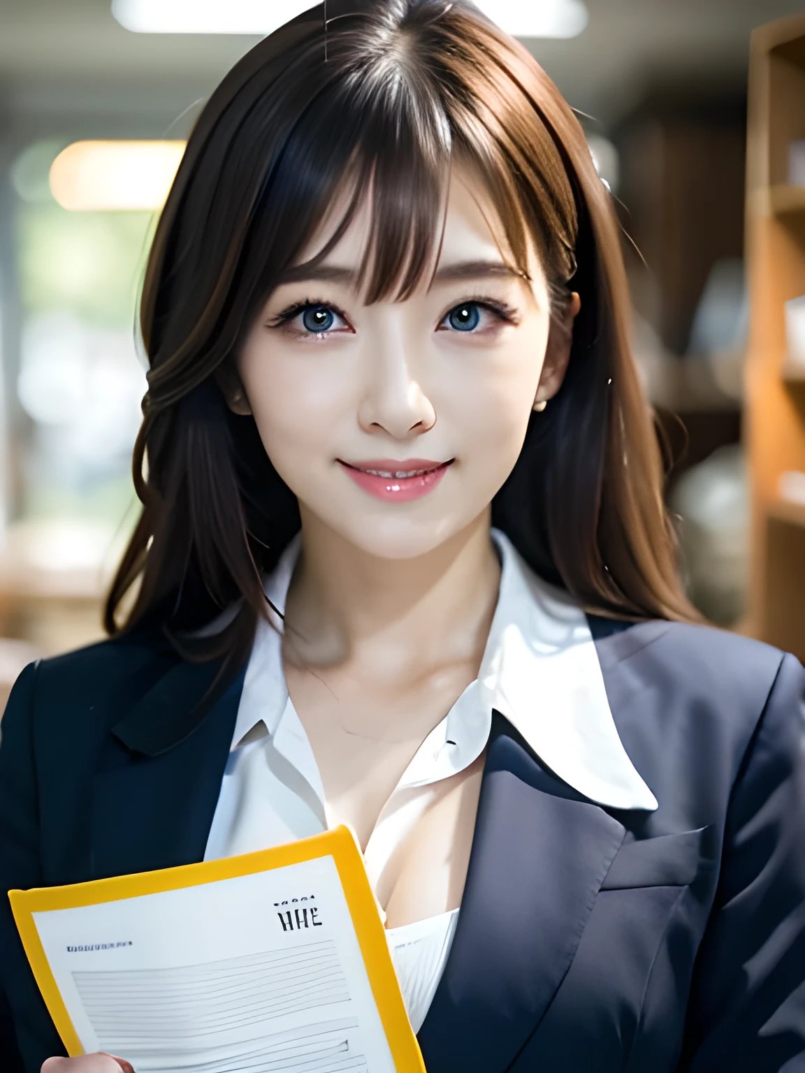 Tabletop, highest quality, Very detailed, finely, High resolution, 8k wallpaper, Perfect dynamic composition, Beautiful and beautiful eyes,  Natural Lip,blazer , Dark blue business suit , Big Breasts, whole body, blue eyes , Black Choker , parlor , Natural Makeup, secretary , smile, Japanese women  , bangs , Holding a stack of documents, Very long eyelashes、Straight Hair、Slim face