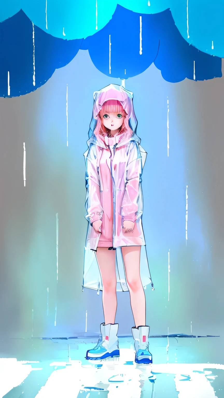 there is a drawing of a girl Standing in the rain, girl in raincoat, She is wearing a wet coat, Humanoid pink female squid girl, ufotable art style, 2D Anime Style, it's raining!!, Created by Anime Painter Studio, In anime style, Standing in the rain, Pale young ghost girl, Painted in an anime artist's studio