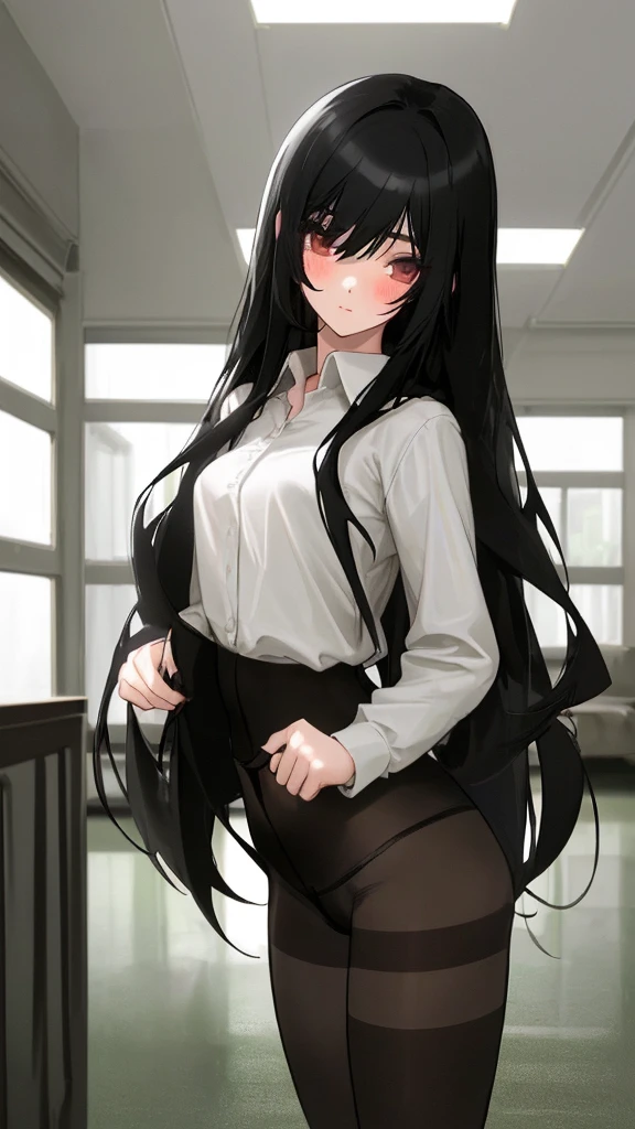 Beautiful girl with long black hair,,underwear,shirt,,pantyhose,indoor