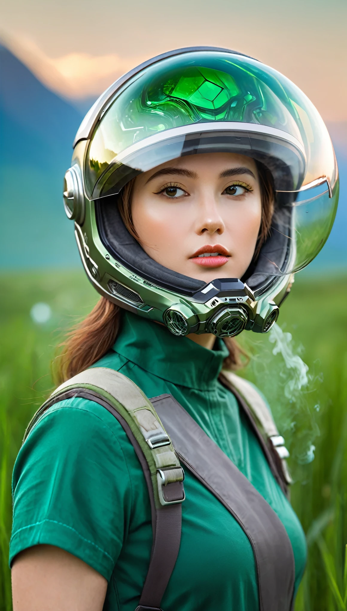 Award-winning close-up photos of women (science fiction explorer:1.3) Wear a helmet with a hexagonal glass visor, [Style Fan::10], next to one (crashed vehicle:1.2), (smokes:1.4), Looking at the emerald green alien planet, (Mountains:1.2) (Tall Grass:1.2), rock, Very detailed, Fine details, (Wheels within wheels:1.3), (lens flare:0.6), (Backlight:0.8), (Bloom:0.8), Shallow and deep