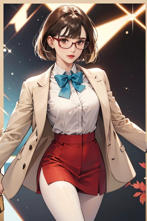 She is Caucasian with brown eyes and short brown hair in a bob cut and short fringes, wears red lipstick and rectangular glasses with thin metal frames. She wears business attire with a long sleeve off-white turtle neck that has a light-blue collar, a tan suit jacket with a red corsage, a light-brown skirt, brown tights, and brown ankle heel boots. SPARKLE; GLITTER