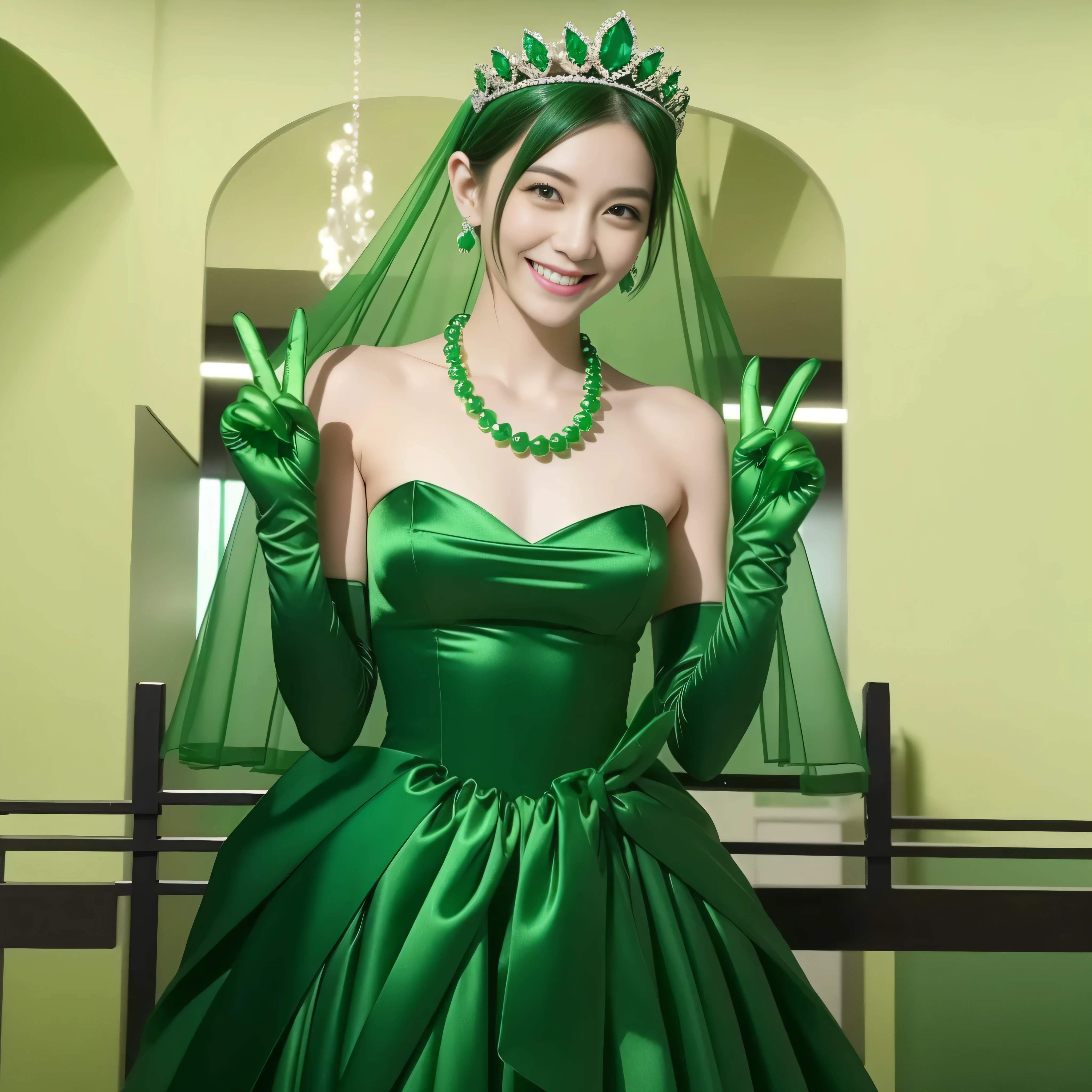 Emerald tiara, Green Pearl Necklace, Boyish very short green hair, lipstick, Smiling Japanese woman, Very short hair, Big  beautiful, Green Eyes, Long green satin gloves, Green Eyes, v sign, Emerald Earrings, Green Veil
