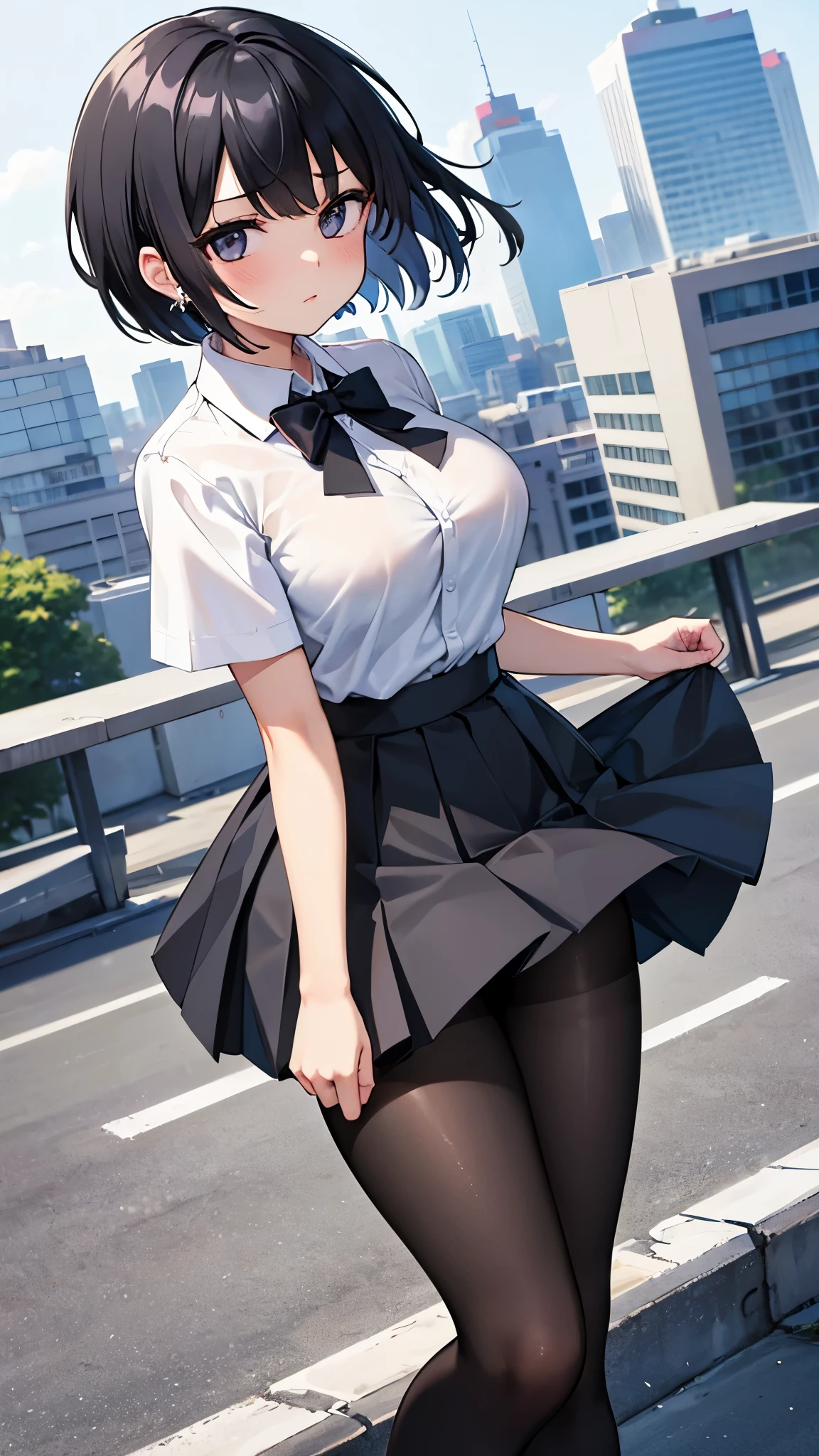 (masterpiece、highest quality、Very detailed)、((One Girl))、((Black Hair))、((short hair))、((black eye))、Confused eyes、((Unfriendly))、Earrings、((Very large breasts、F Cup))、Light blue bow tie、((White shirt))、Short sleeve、((Black pleated skirt))、((mini skirt))、((Wearing pantyhose))、loafers、((Pantyhose peeking out from a skirt fluttering in the wind))、rooftop、Shoot from the front