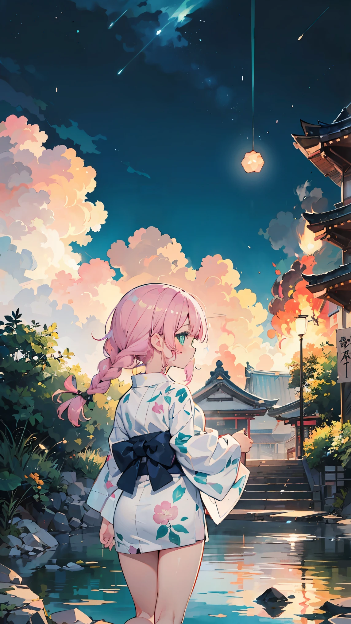 (fantastic illustration:1.4),(watercolor:1.25 ),(High_quality:1.4),(high_resolution:1.4),(high_definition:1.4),(tone_mapping:1.2),(color_field:1.3),(Detailed_Glow:1.2),(Best_Illumination:1.2),(Super_Detail:1.4),(Best_Light:1.3),(Intricate_Detail:1.2),(Hyper_Detail:1.2),(mixed_media:1.2),(multicolor:1.2),(magic_realism:1.4),atmospheric,
BREAK 1 beautiful girl,alone,(kawaii:1.5),(Chibi:0.6),(cute:1.5),(loli:1.5),break,( girl),very detailed,Colorful,best details,transparent skin,Shining beautiful skin,very detailed,Colorful,BREAK Shining beautiful skin,shy skin,BREAK (heterochromia,blue eyes,green eyes, eye highlights,first ultrafine star:1.55),star eye silhouette ,BREAK (pink hair, semi-long hair, bow:1.4),(twin braids,slightly curly hair,princess cut, crossed bangs:1.4),(big breasts,beautiful breasts:1.5),(long eyelashes, double eyelid:1.2),(surprise,confuse,blush:1.35),
//Character
1girl, BREAK
Japanese temple garden with very beautiful flowers and a large pond, fantasy world,
BREAK
//Fashions
(Oda Nobunaga theme), (burning Honnoji background 1.65), (bare feet, white yukata, white obi: 1.65), midnight, gate, moon, moon with skull pattern, fire, flames, sea of fire,BREAK burning,burning,burning,burning,(explosion:1.2),(explosion:1.2),(explosion:1.2),(explosion:1.2),(explosion:1.2),(explosion:1.2),(explosion:1.2),(explosion:1.2),(explosion:1.2),(explosion:1.2),
BREAK wakame,wakame,wakame,(cowboy shot, from behind,looking away:1.4), BREAK manga illustration,manga style,