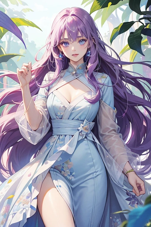 She has long, flowing violet colored hair which ends just past her hips. She has light-blue eyes, white skin and wears floral, nature-themed dresses.

She has been seen in the usual WOOHP prisoner attire which is an orange jumpsuit.  SPARKLE; GLITTER