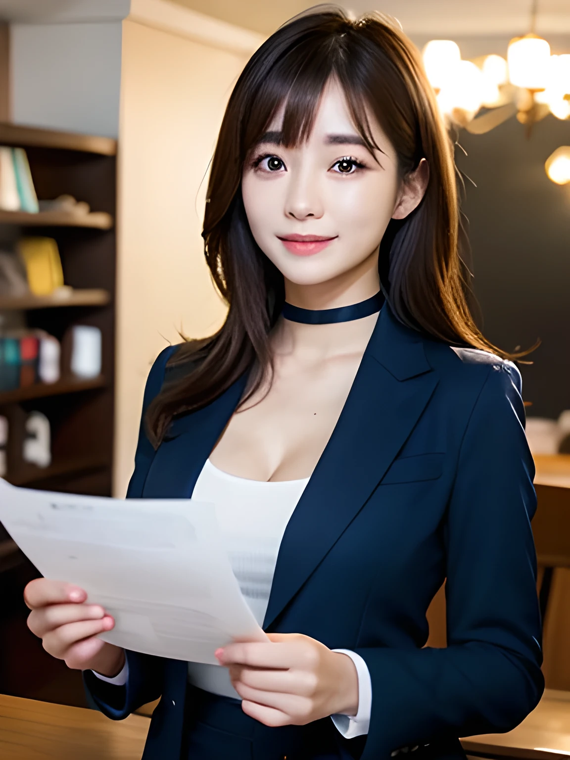Tabletop, highest quality, Very detailed, finely, High resolution, 8k wallpaper, Perfect dynamic composition, Beautiful and beautiful eyes, Natural Lip,blazer , Dark blue business suit , Big Breasts, whole body, blue eyes , Black Choker , parlor , Natural Makeup, secretary , smile, Japanese women , bangs , Holding a stack of documents, Very long eyelashes、Straight Hair、Slim face