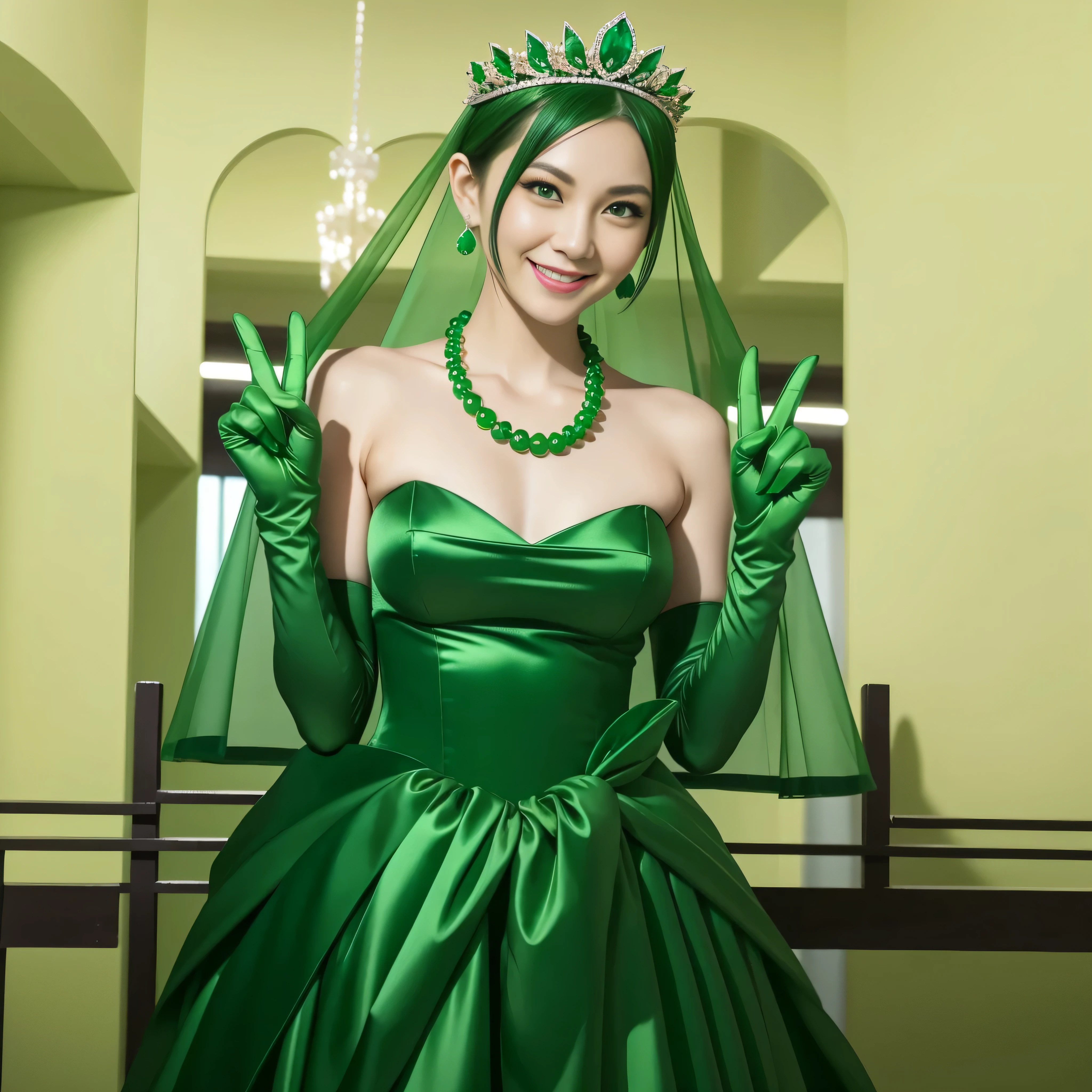 Emerald tiara, Green Pearl Necklace, Boyish very short green hair, lipstick, Smiling Japanese woman, Very short hair, Big and beautiful, Green Eyes, Long green satin gloves, Green Eyes, v sign, Emerald Earrings, Green veil