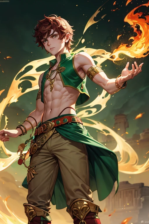hiccup haddock 18 year old boy short reddish brown hair djinn clothing open sleeveless jade green vest with golden arab print green arabic pants gold belt djinn bracelet with green gems brown boots phosphorescent green tattoos surrounded by fire green color and smoke on a background of arabic ruins