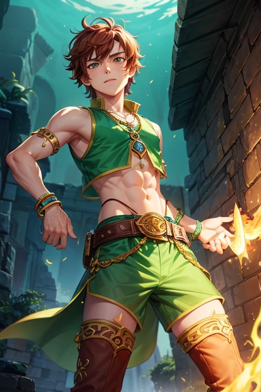 hiccup haddock 18 year old boy short reddish brown hair djinn clothing open sleeveless jade green vest with golden arab print green arabic pants gold belt djinn bracelet with green gems brown boots phosphorescent green tattoos surrounded by fire green color and smoke on a background of arabic ruins
