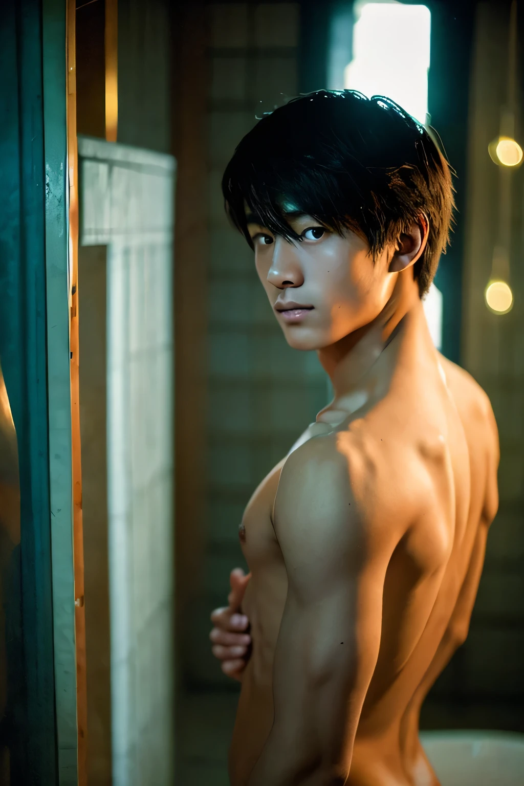 two naked japanese beautiful boy boy night, whole body, penis, ruins