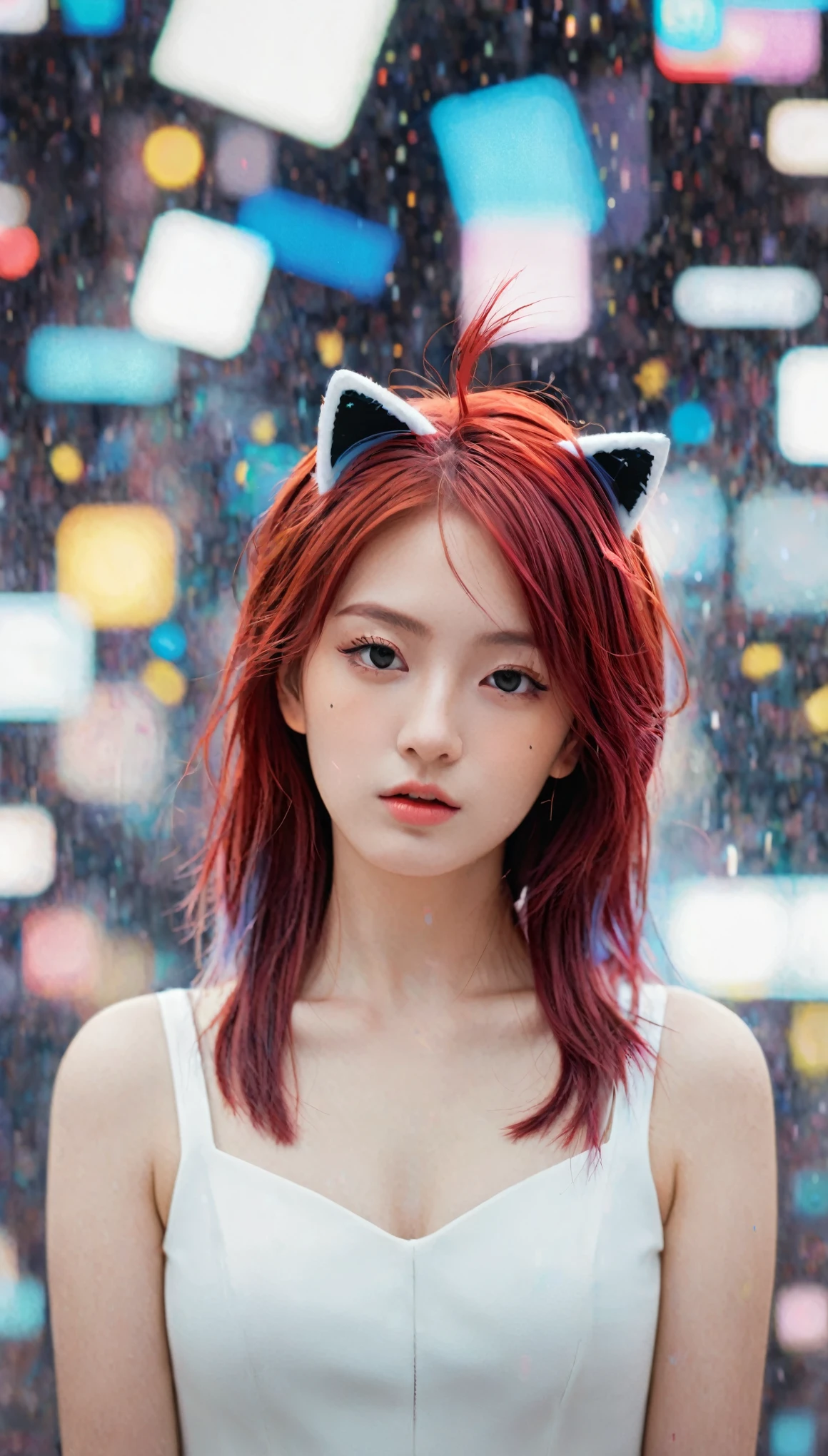 (masterpiece, top quality, best quality, official art, Beautiful and beautiful:1.2), 1 Girl, Red hair, Cat ears, (glitch art), (Digital Distortion), Pixelate fragments, Data corruption,Colored Noise, Visual confusion,Contemporary Aesthetics