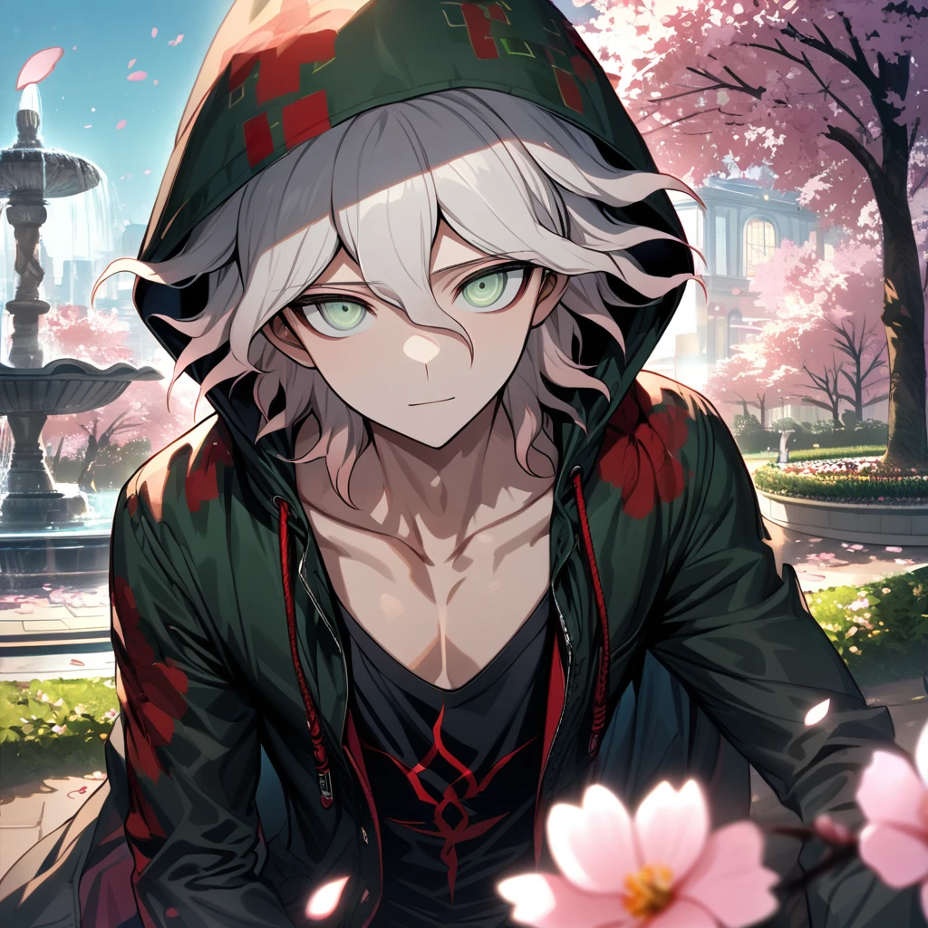 Ultra detailed, Highres, absurdres, HDR, Komaeda Nagito, white hair, expressive light green eyes, black long coat with patterns with a hoddie, Danganronpa, pink flowers, petals, handsome, sexy man, solo, very detailed eyes and face, park, fountain, cherry blossoms, black tight t-shirt, master piece, smirking, toned chest,