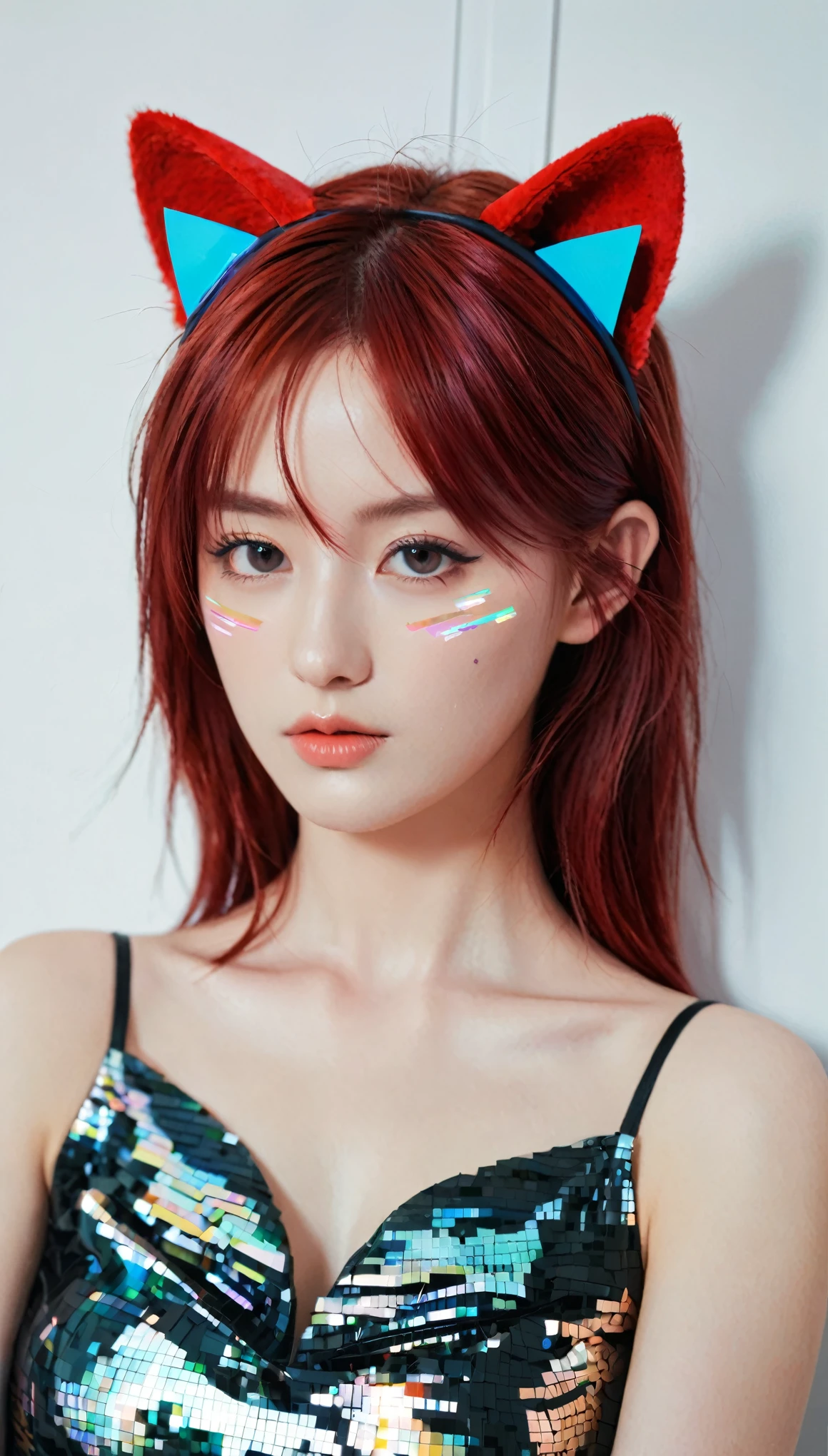 (masterpiece, top quality, best quality, official art, Beautiful and beautiful:1.2), 1 Girl, Red hair, Cat ears, (glitch art), (Digital Distortion), Pixelate fragments, Data corruption,Colored Noise, Visual confusion,Contemporary Aesthetics