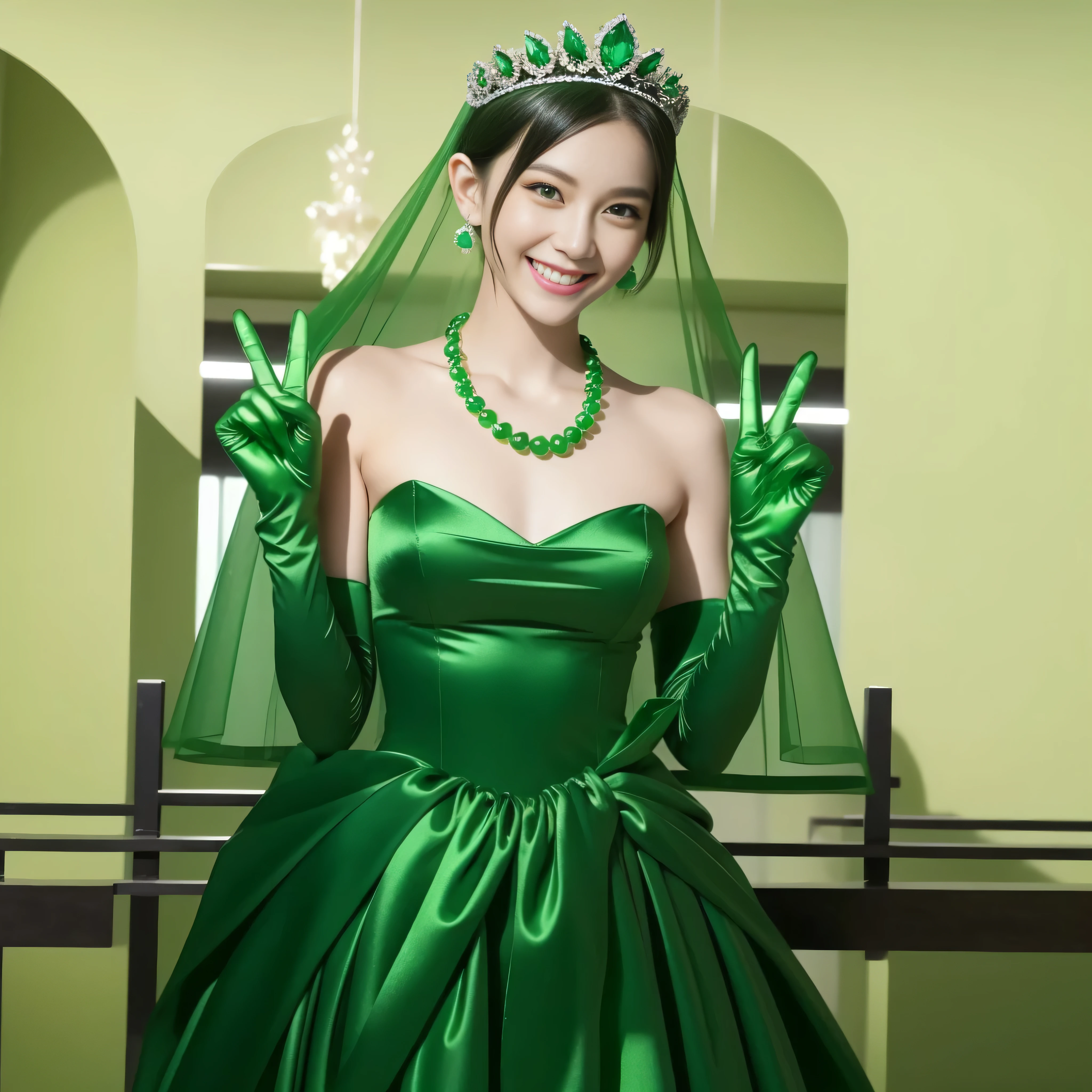 Emerald tiara, Green Pearl Necklace, Boyish very short green hair, lipstick, Smiling Japanese woman, Very short hair, Big and beautiful, Green Eyes, Long green satin gloves, Green Eyes, v sign, Emerald Earrings, Green veil