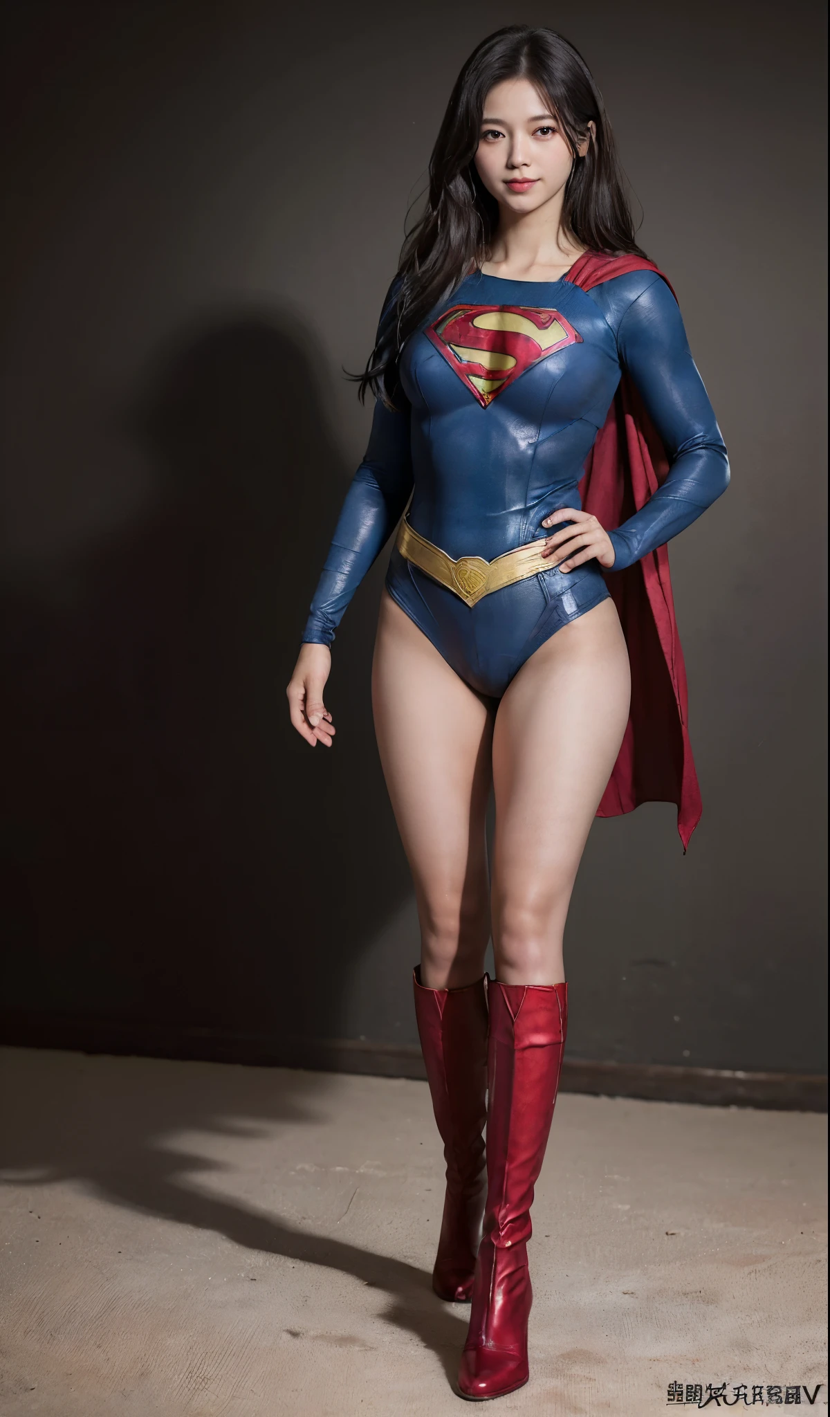 No background、(((Beautiful legs in black tights.)))、(((Legally express the beauty of your smile)))、((((Make the most of your original images)))、(((Supergirl Costume)))、(((ボディにフィットしたSupergirl Costume)))、(((Beautiful Hair)))、(((Smiles and winks)))、(((Please wear black tights....、Wear red boots)))、((Best image quality、8k))、((highest quality、8k、masterpiece:1.3))、(((Preserve background )))、Sharp focus:1.2、Beautiful woman with perfect figure:1.4、Slim Abs:1.2、Wet body:1.5、Highly detailed face and skin texture、8k