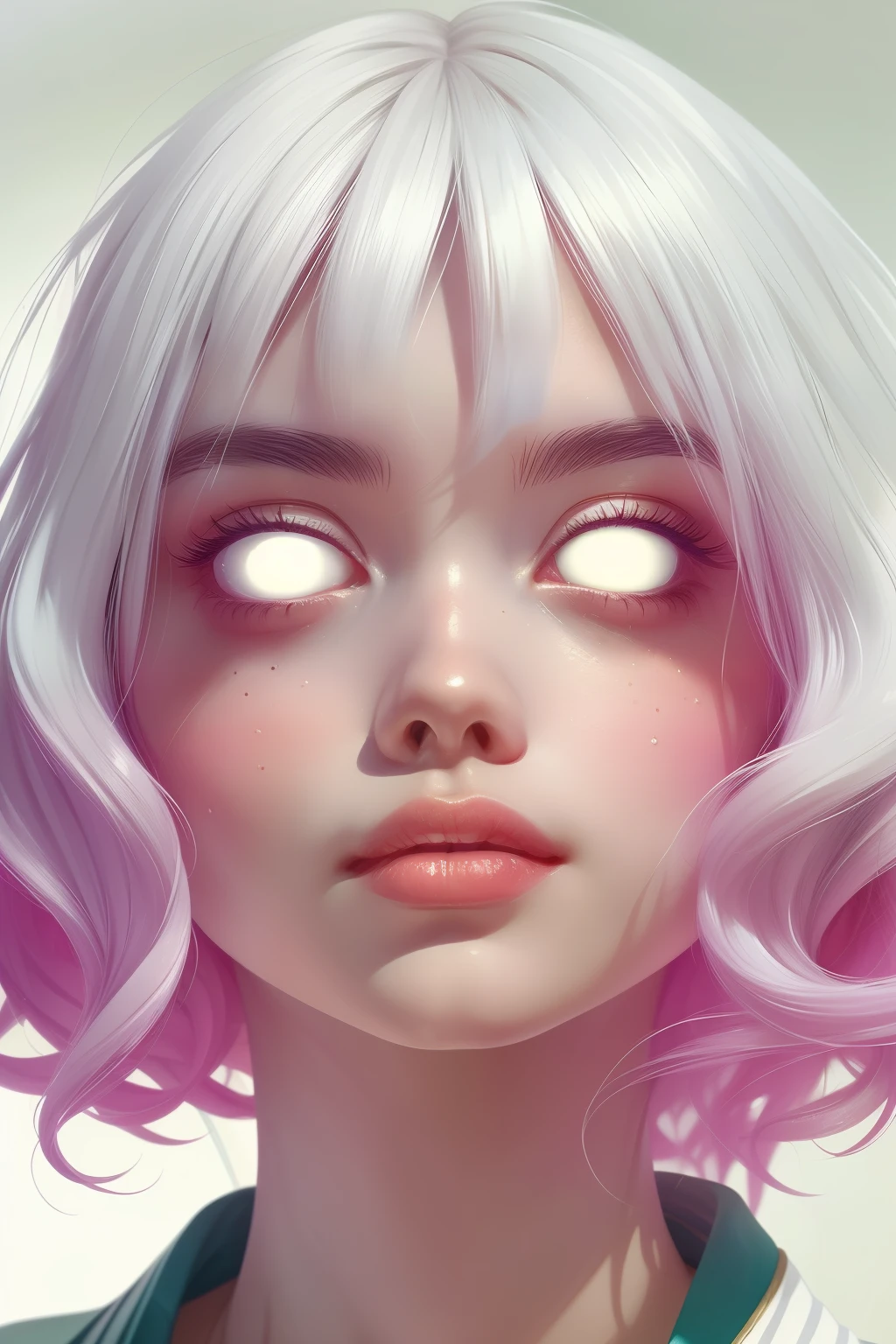 (This is a beautiful fantasy image that feels interesting.) Generate a pretty magical (((blind))) woman with colorful curly hair and milky white eyes. Her face is important should be perfectly formed with puffy lips and perfect features. (Her eyes are important and are blank white and solid white.) Her clothing is colorful and has all the colors of the rainbow, giving the appearance of a rainbow. Utilize dynamic composition to create a compelling and interesting image that appeals to viewers. She has an unmarked face. Use dramatic lighting and cinematic lighting to enhance the overall quality of the image. Fantasy, cute, colorful, compelling, energetic, (shirome eyes:1.3), (smirking), ((no pupils)), ((no irises)), ((((blank eyes, empty eyes)))), (perfectly rendered solid whiteeyes), ((normal neck)), (((short neck)))