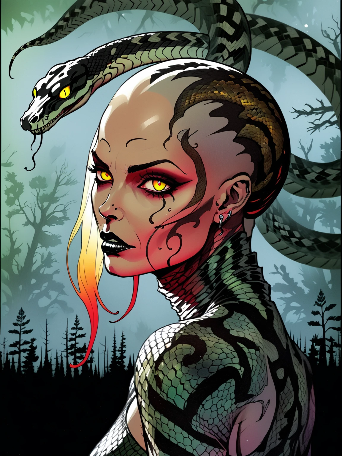Medusa, colors, bleak muted deep fiery radiant glowing ROYGBIV, splash page decompressed comic cover art, ink style figure, ((expressive Joelle Jones and "Sean Gordon Murphy" comic drawing)), wordless, cinematic poster, double exposure, optical illusion, image within image, abyss void black no visibility darkness, full length portrait, (background, pine barrens, entropy, rewilding, magic hour sunset, galaxy stars, cosmos), (horror, abstract, surreal, body, cosmic), candid, snake skin dress, morphology anatomy drawn Frederic Delavier musculature anatomical illustration, (face, ornate black-metal corpsepaint face paint, resembles Grace Jones), (body, Naga, snakefolk, lower body snake tail, snake woman hybrid, bald, hairless, skeleton, snake skin tattoos, piercing eyes, snake pupils, over the shoulder), (colors, bleak muted deep fiery radiant glowing ROYGBIV, forest green, earth brown), craftsmanship nuance, (Gerardo Zaffino charcoal), subliminal orchids, nyctophobia, silhouette