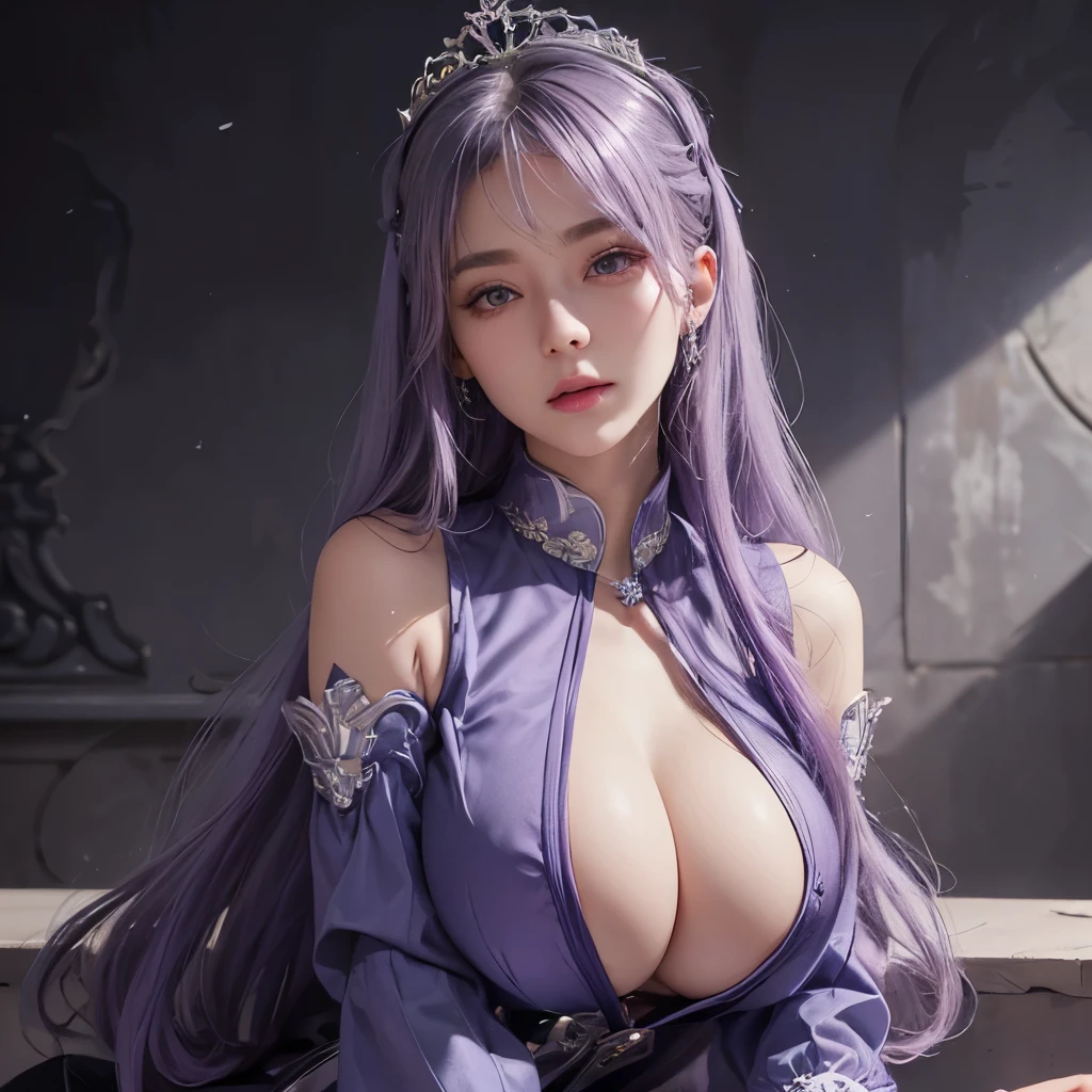 Girl, silver and violet uniform, violet hair, wear tiara, wear glove, detailed hand, round face, detailed face, picture form top to knee, sexy pose, big chest, look at camera, camera from top to bottom, detailed, photorealistic, best quality, castle background