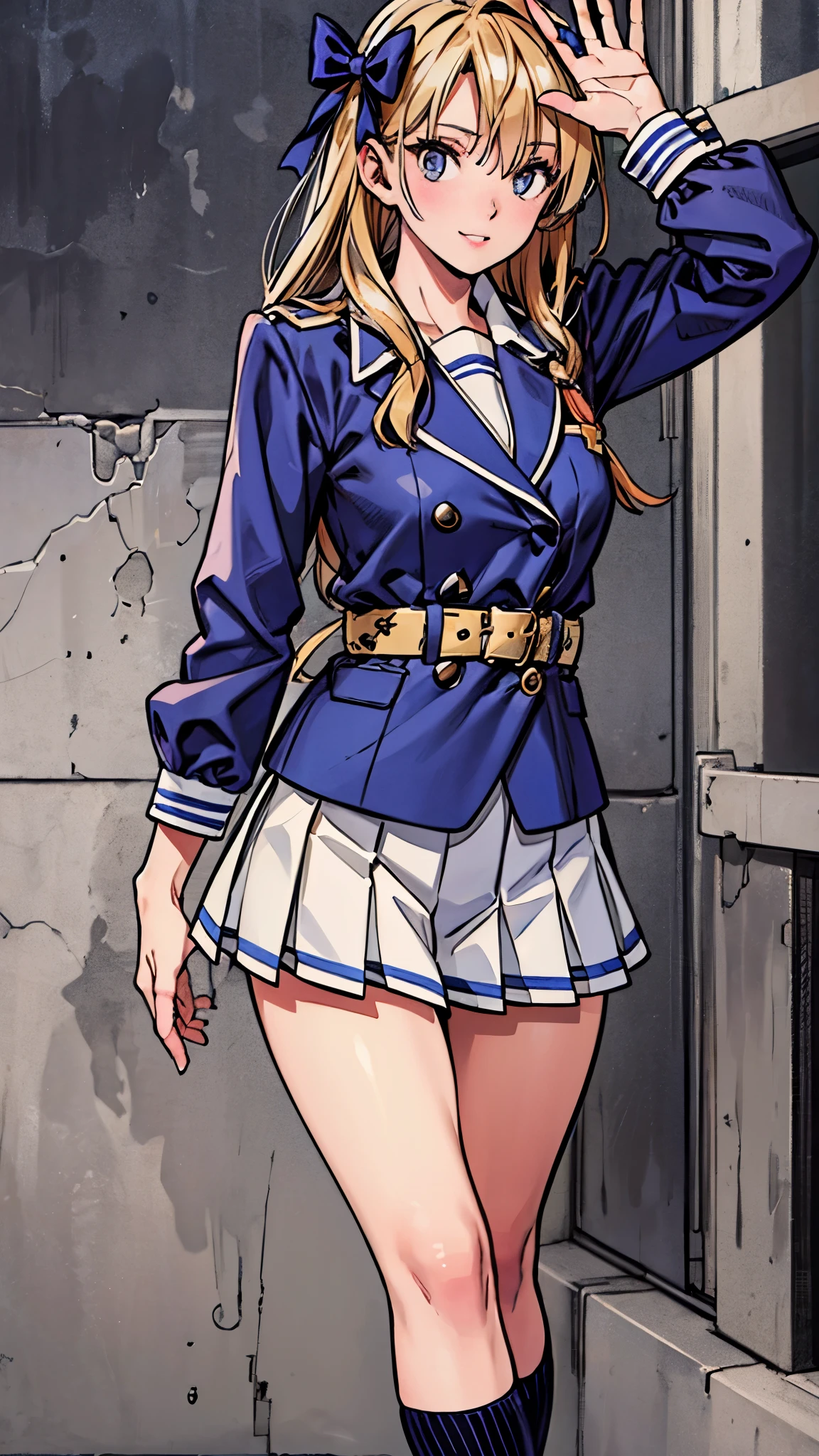 (best quality,4k,8k,highres,masterpiece:1.2),ultra-detailed,(realistic,photorealistic,photo-realistic:1.37),((from behind,back shot)),(full body),(from above),one american girl 18 years old,beautiful detailed eyes,beautiful detailed lips,extremely detailed eyes and face,long eyelashes,feminine,long wavy hair,blonde hair,(professional,model-like:1.1) Sidelighting,((wink)),laugh,pose,(left-hand waving,graceful,elegant:nine),high-school uniform,pleated skirt,dark-blue high socks,shoulder bag,(slim waist,grammar)