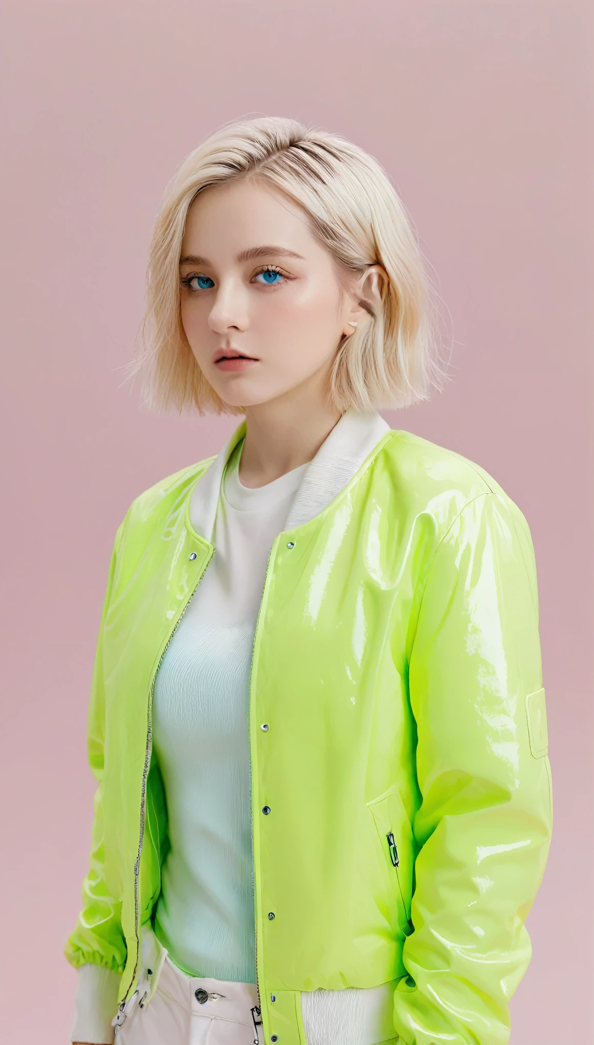 1 Girl, Solitary, White background, Watson, masterpiece, Very detailed, blue eyes, Blonde hair, short hair, Fluorescent green jacket, Rubber gloss agent, white rubber skinsuit, Skateboard Shoes, White pants, blush, Solid color background