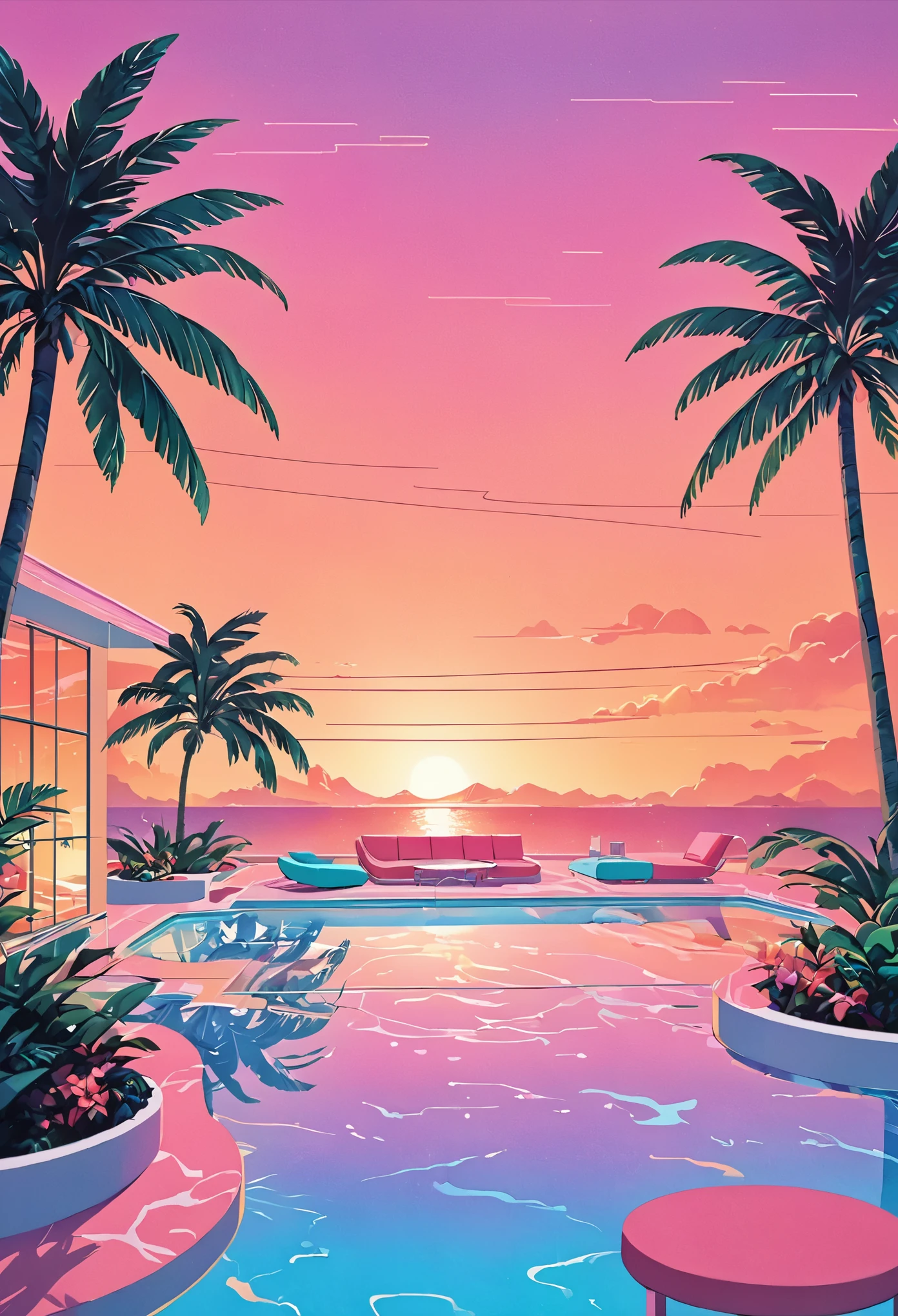 Envision an artwork deeply immersed in the vaporwave aesthetic of the 80s, inspired by Yoko Honda’s vibrant style. Picture a retro-futuristic pool and beach scene at sunset, where the sky blazes with the warm hues of an 80s summer sunset—intense oranges, pinks, and reds reflecting off the tranquil sea and pool waters. Around the pool, neon-lit palm trees and coconut trees sway gently, enhancing the tropical and surreal atmosphere. Neon lights in geometric patterns illuminate the scene, casting a dreamlike glow over everything. The background features a chic beachside bar with interiors visible through large glass windows, showcasing a room with pastel-colored walls and floors covered in luxurious terrazzo and marble textures. The overall ambiance combines nostalgic luxury with vibrant, warm color palettes, creating a scene that is both timeless and distinctly evocative of the 80s.