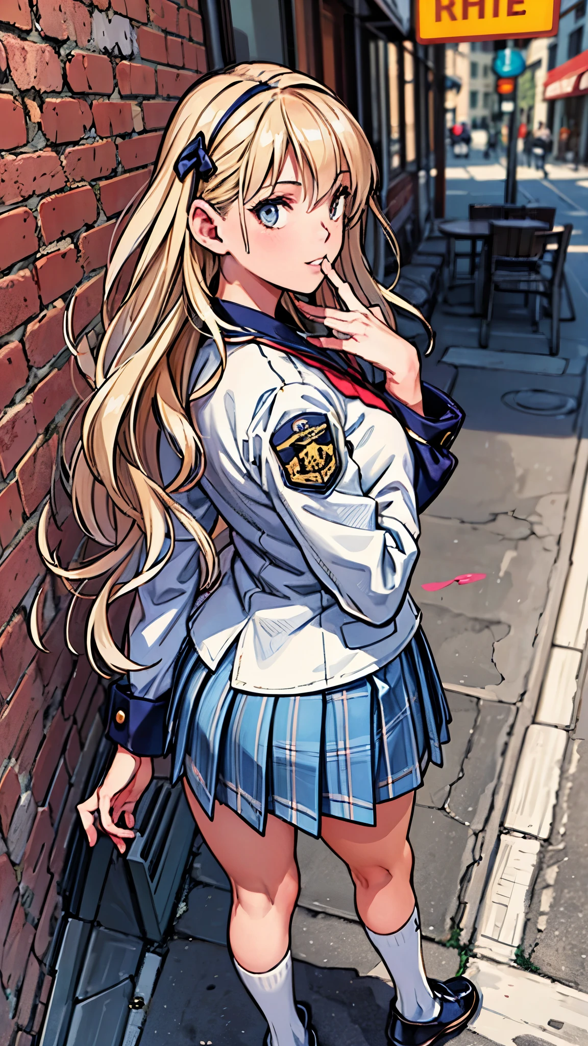 (best quality,4k,8k,highres,masterpiece:1.2),ultra-detailed,(realistic,photorealistic,photo-realistic:1.37),((from behind,back shot)),(full body),(from above),one american girl 18 years old,beautiful detailed eyes,beautiful detailed lips,extremely detailed eyes and face,long eyelashes,feminine,long wavy hair,blonde hair,(professional,model-like:1.1) Sidelighting,((wink)),laugh,pose,(left-hand waving,graceful,elegant:nine),high-school uniform,pleated skirt,dark-blue high socks,shoulder bag,(slim waist,grammar)