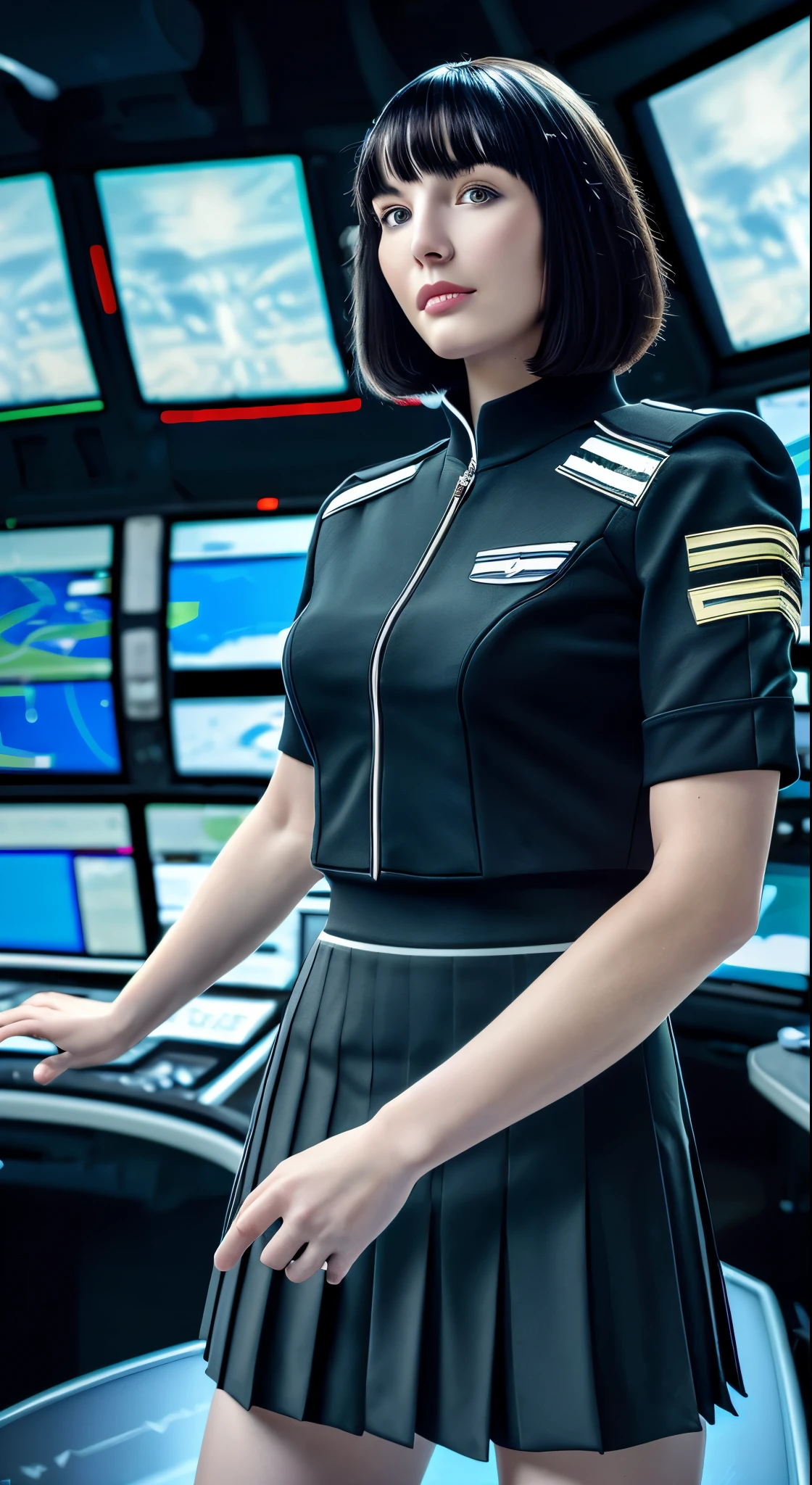 (Highest Resolution, clear_image), highest quality, masterpiece, Very detailed, Semi-realistic, Woman with short black hair, Mature Woman, Triple Van, Black Uniform, Black pleated skirt, uniform, Spaceship Space, Control Room, commander