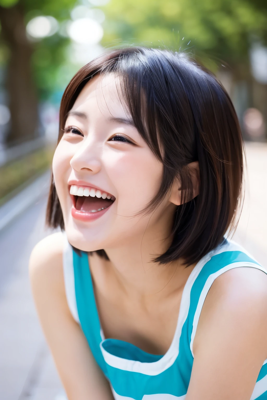 A front view of a 25-year-old Japanese woman with a round face, narrow eyes, and short hair laughing with her mouth wide open