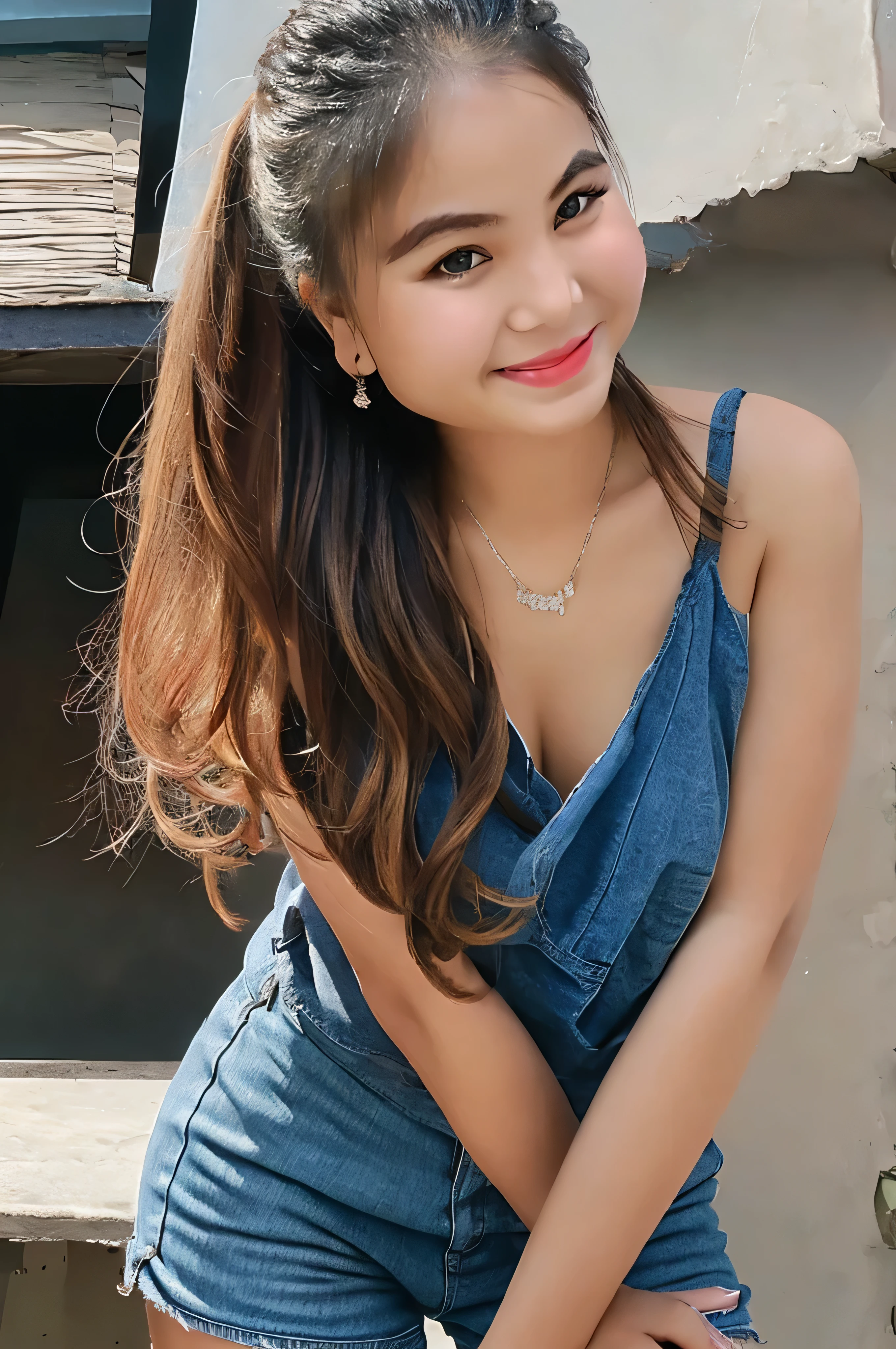 1 girl, alone, looking at the viewer, dark blonde long hair, hair is tied up, sheer bra, shorts jeans, brown eyes, Coastal rocky background, small breast , smile, realistic, masterpiece, 最high quality, high quality, High resolution,