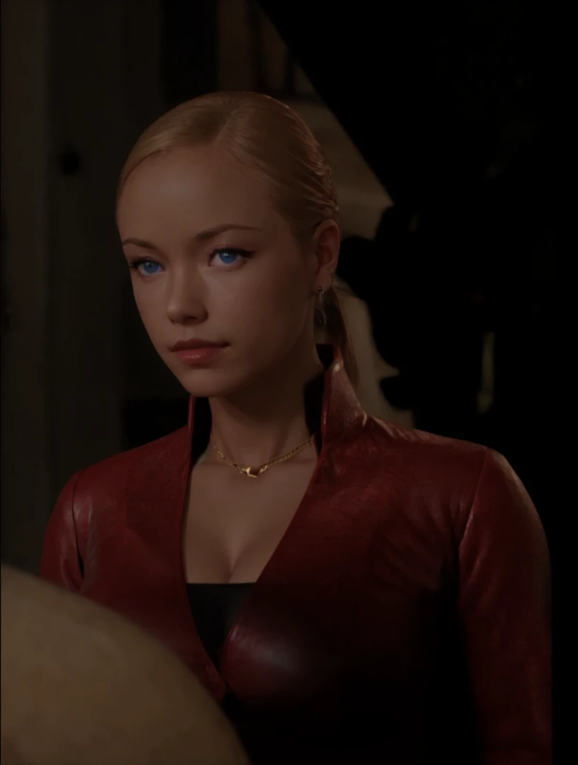 T3RMKL0K, blue eyed, medium to large breast size, perked cleavage, cleavage, red outfit, gold necklace