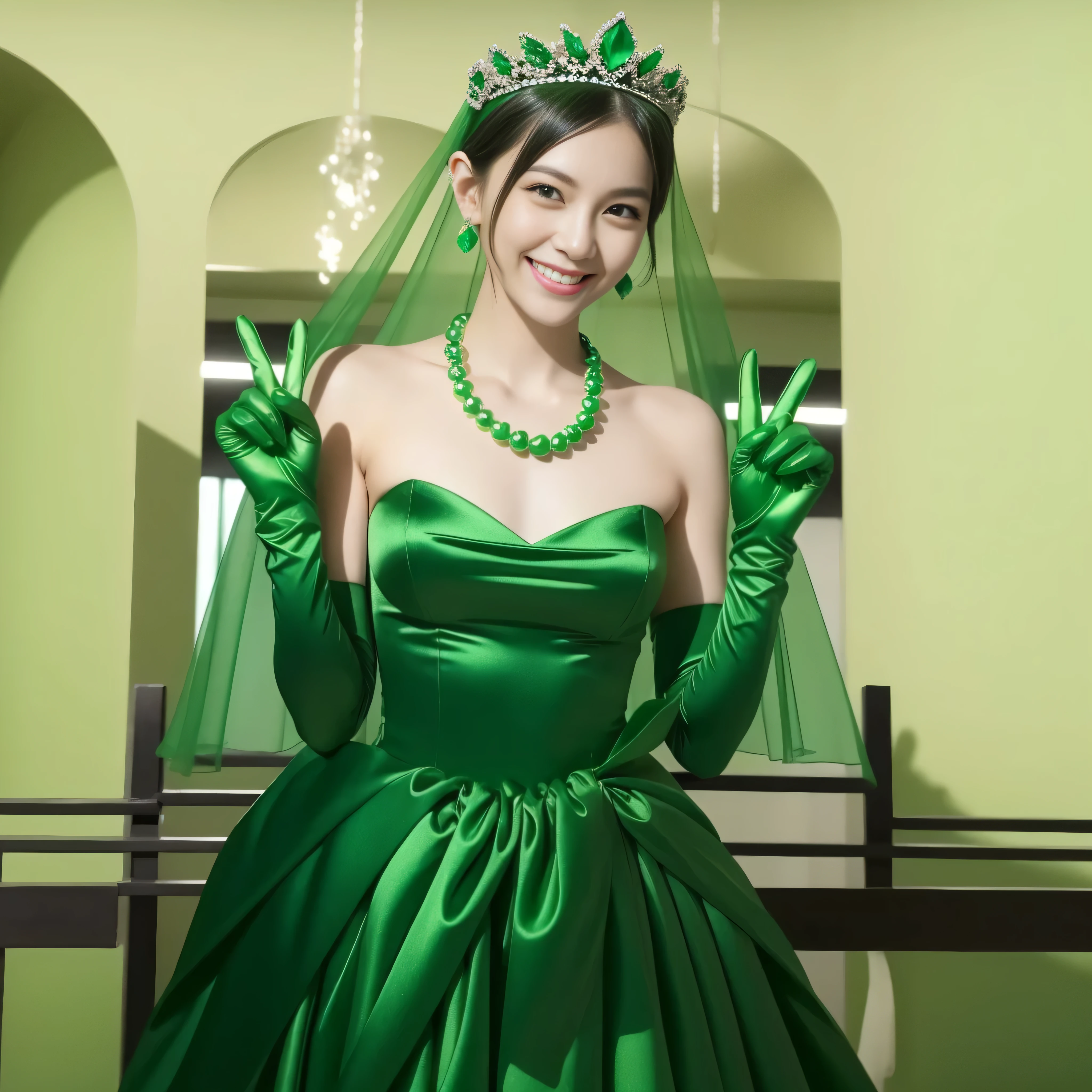 Emerald tiara, Green Pearl Necklace, Boyish very short green hair, lipstick, Smiling Japanese woman, Very short hair, Big and beautiful, Green Eyes, Long green satin gloves, Green Eyes, v sign, Emerald Earrings, Green veil