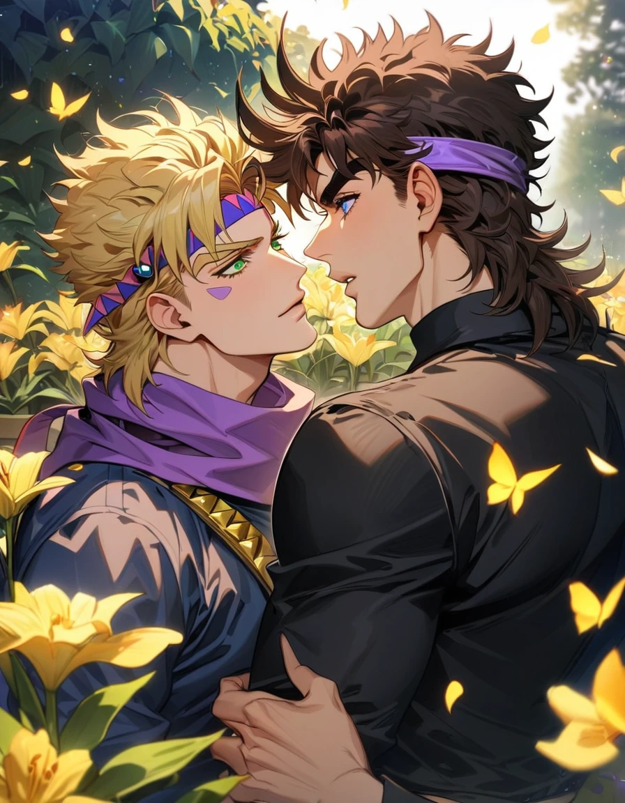 absurdres, highres, ultra detailed, HDR, master piece, best quality, Joseph Joestar, brown hair, expressive blue eyes, jojo's bizarre adventure, Caesar Anthonio Zeppeli, blonde hair, expressive green eyes, purple headband, purple scarf, two men together, gay couple, handsome, black clothes, garden, yellow butterflies, yellow lilies, petals