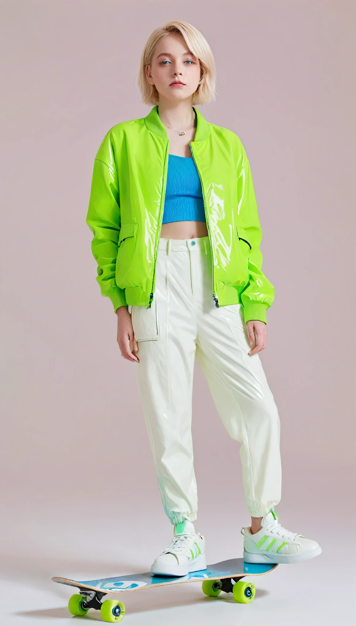1 Girl, Solitary, White background,   Watson, masterpiece, Very detailed, blue eyes, Blonde hair, short hair, Fluorescent green jacket, Rubber gloss agent, white rubber skinsuit, Skateboard Shoes,  White pants, blush, Solid color background