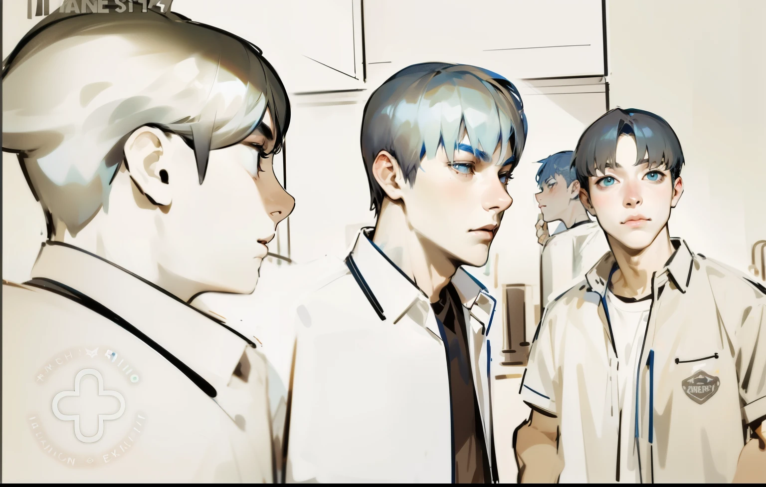 There are two 17-year-old boys with blue hair, they look at each other&#39;s faces, they are scared, worried.