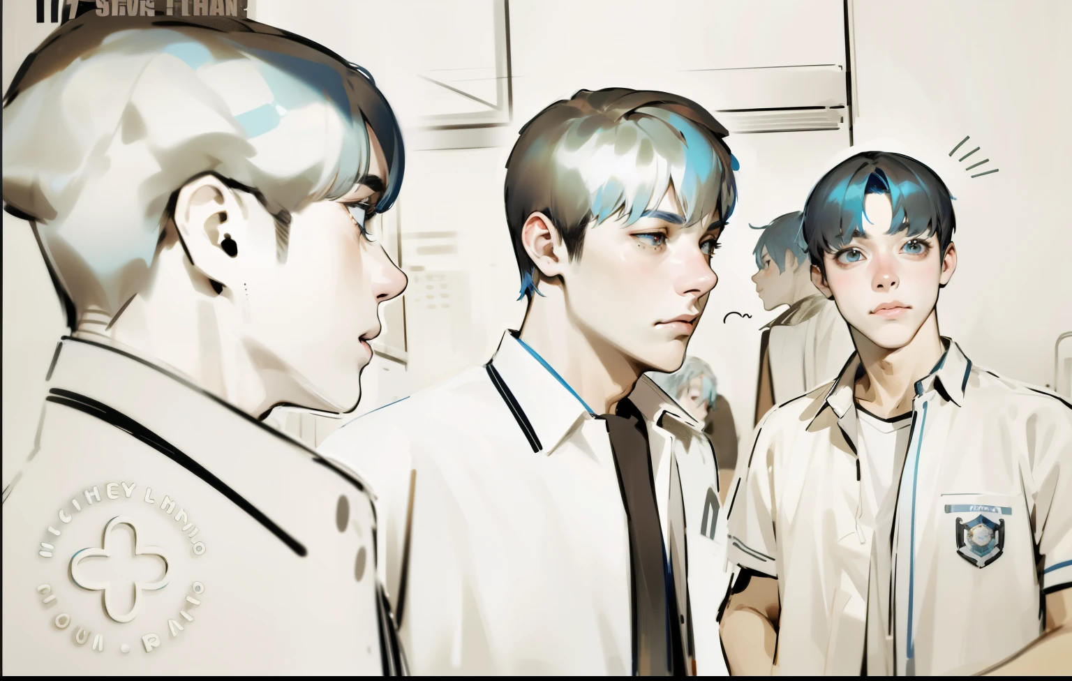 There are two 17-year-old boys with blue hair, they look at each other's faces, they are scared, worried.