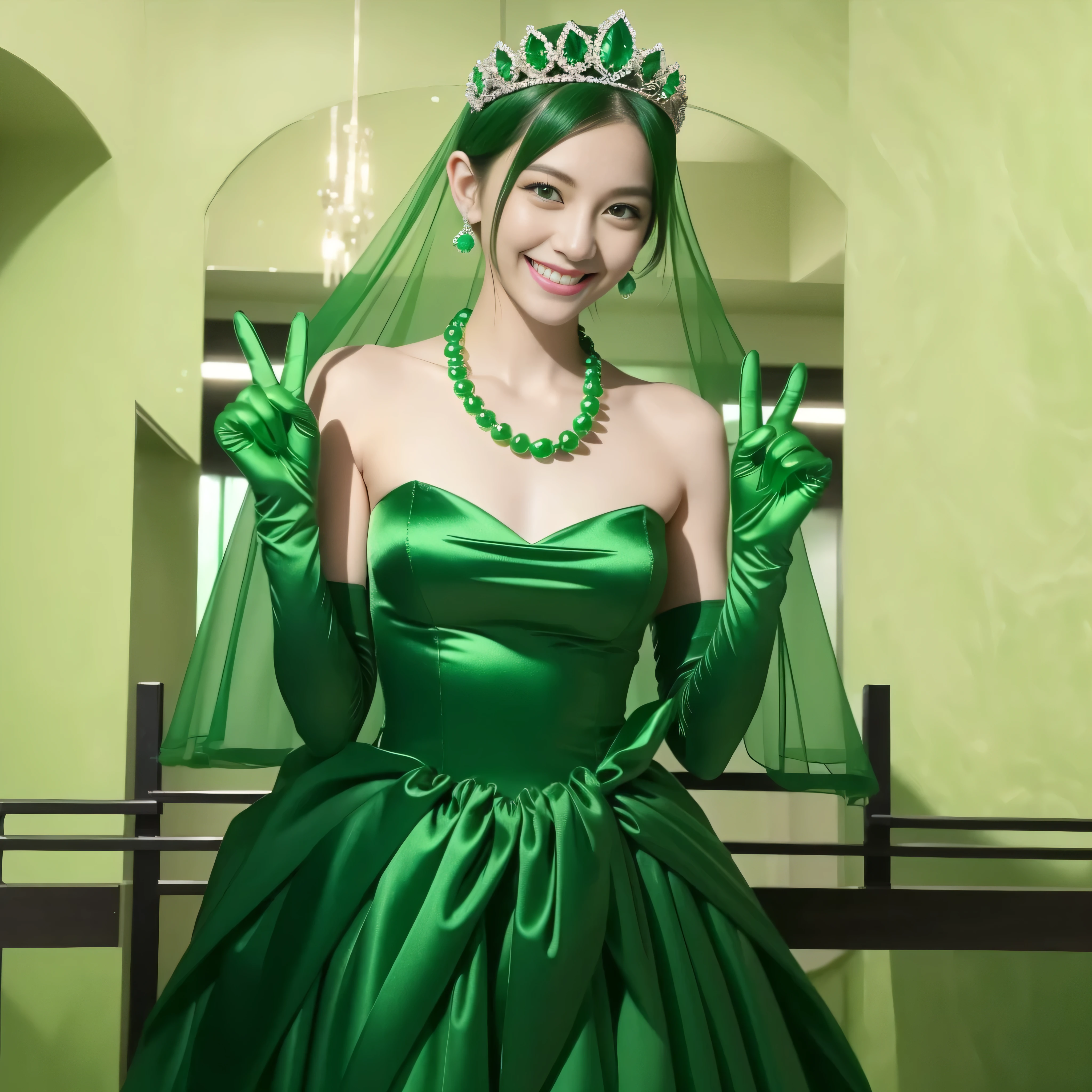 Emerald tiara, Green Pearl Necklace, Boyish very short green hair, lipstick, Smiling Japanese woman, Very short hair, Big and beautiful, Green Eyes, Long green satin gloves, Green Eyes, v sign, Emerald Earrings, Green veil
