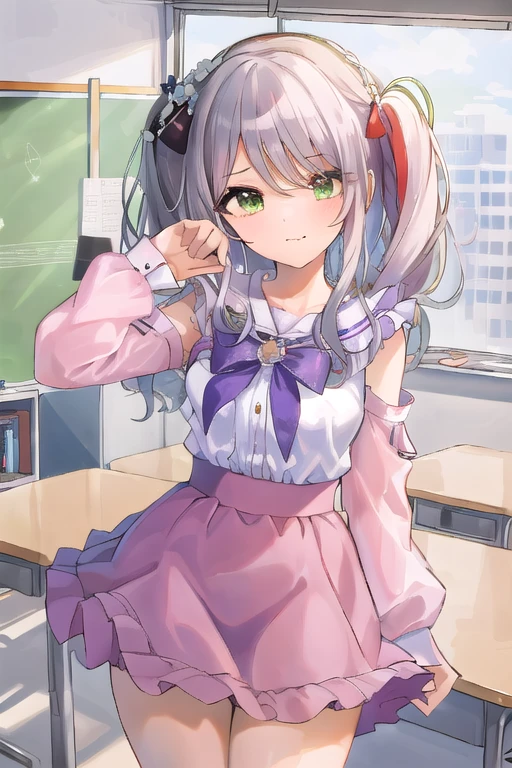 insanely detailed, absurdres, ultra-highres, ultra-detailed, best quality,
1 girl, solo, nice hands, perfect hands,
BREAK,
dynamic pose, cowboy shot, looking at viewer,
, kawaii, perfect symmetrical face, ultra cute girl, ultra cute face, ultra detailed eyes, ultra detailed hair, ultra cute, ultra beautiful,
by Canon EOS, SIGMA Art Lens 35mm F1.4, ISO 200 Shutter Speed 2000,
in classroom,
medium breasts,
BREAK,
(silver medium hair, dark green eyes)